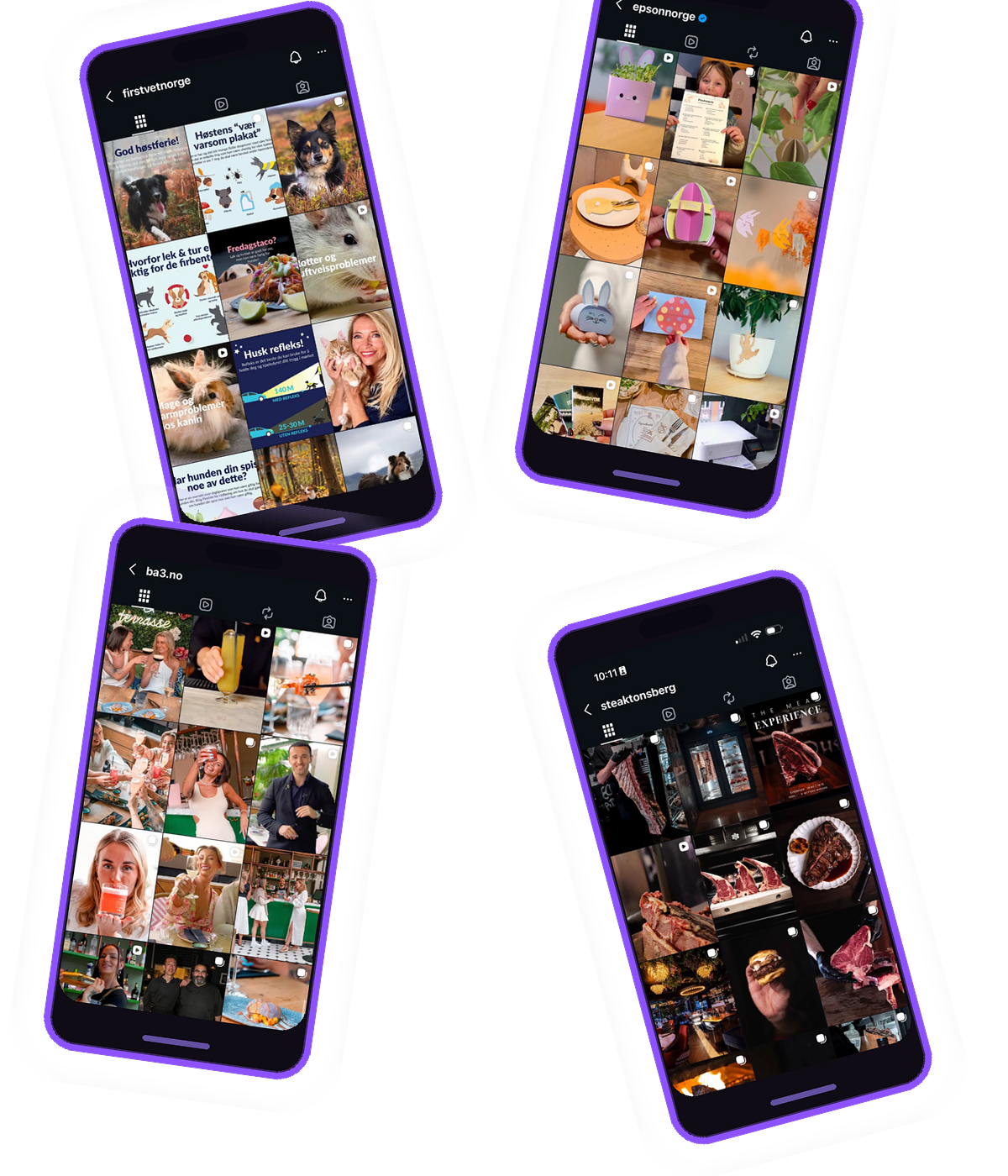 Four smartphones with purple frames displaying various social media app interfaces, showing photos of animals, food, people, and outdoor scenes.