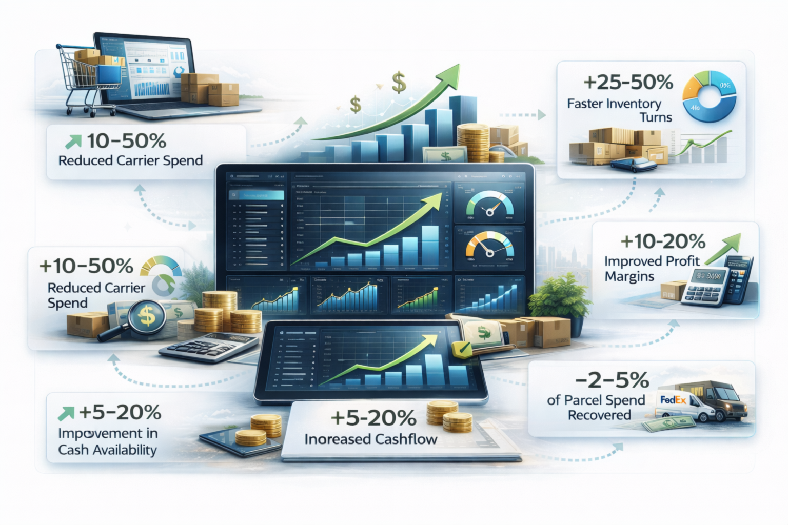 A digital infographic showing data analysis for inventory and logistics management. It includes charts, graphs, and icons representing reduced carrier spend, faster inventory turns, improved profit margins, increased cash flow, and recovery of parcel spend, with percentages indicating the improvements.