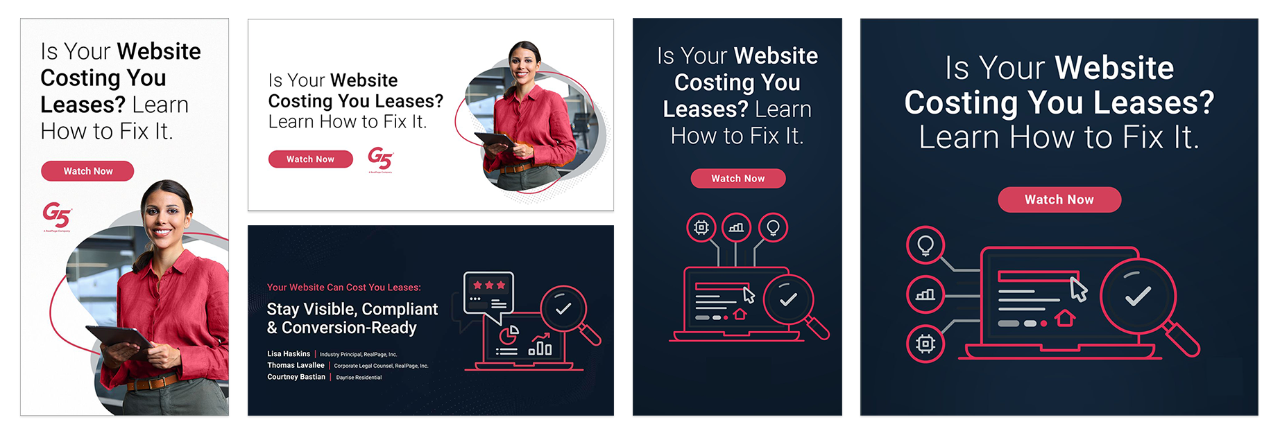 Set of digital advertisement banners with text promoting website cost analysis and solutions, featuring images of a smiling woman holding a tablet, icons of analytics and magnifying glasses, and a 'Watch Now' button, in various color schemes including white, light, dark blue.
