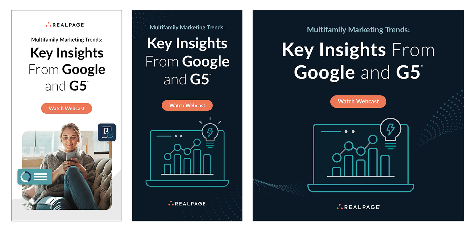 Three digital graphics promoting a webcast about multifamily marketing trends and key insights from Google and G5, with the first featuring a woman looking at her phone, the second a chart and light bulb icon, and the third a laptop with a chart and light bulb icon.