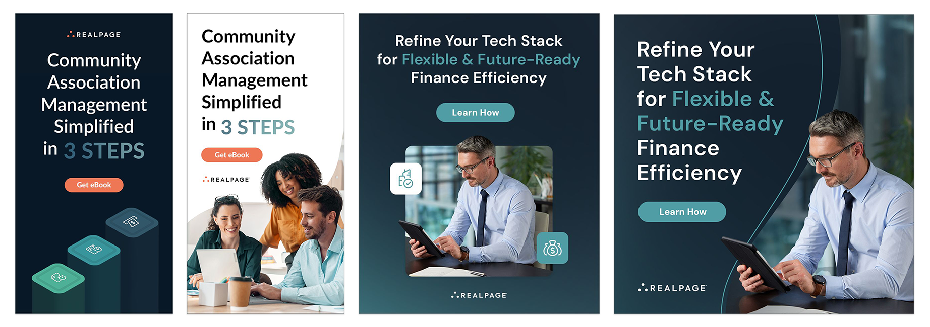 Series of four promotional graphics for RealPage, showcasing community association management, simplified in 3 steps, and emphasizing refining tech stacks for flexible and future-ready finance efficiency. Each graphic features people using digital devices and includes call-to-action buttons.