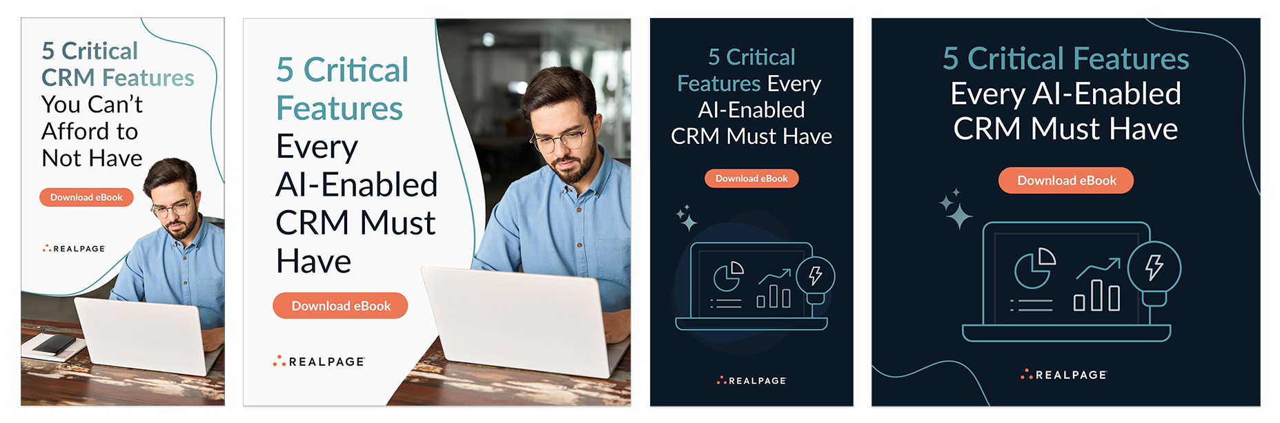 Collection of four digital advertisements promoting a free eBook titled '5 Critical Features Every AI-Enabled CRM Must Have' by RealPage. The ads feature a man working on a laptop, with varying backgrounds and color schemes, and include a 'Download eBook' button.