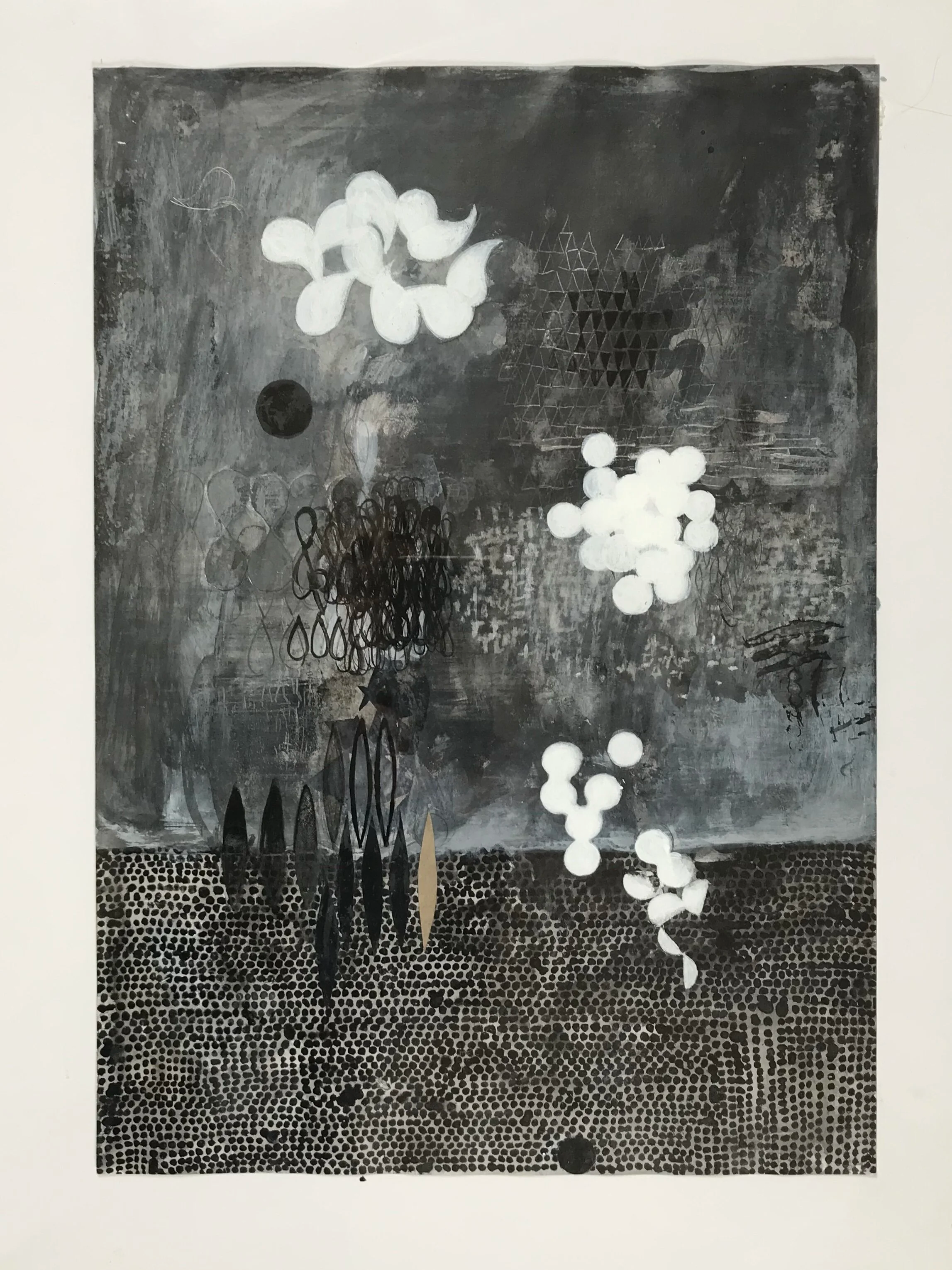 'Clusters,'  42 x 30 cm, black ink and white paint on paper. 2020         SOLD