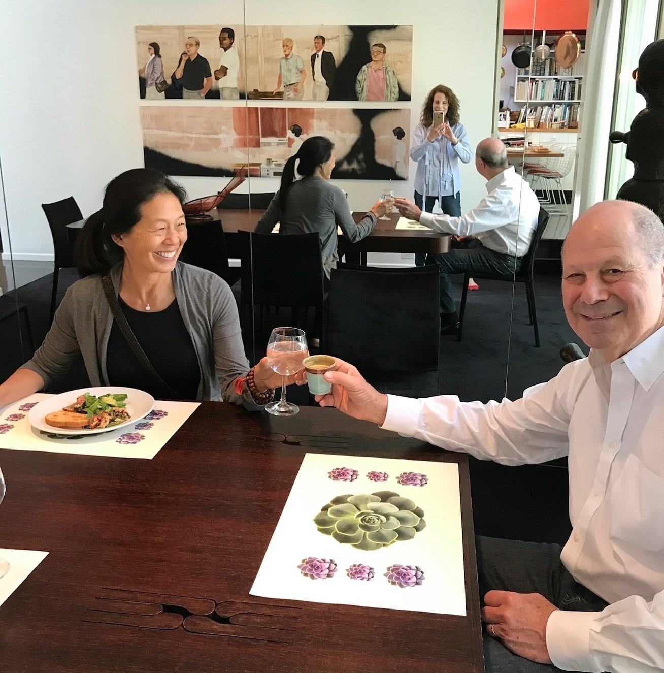@wandawensoolip sharing time with her friends and clients Mandy and Cliff Einstein at their residence. Soolip&rsquo;s Succulent Paper Placemats are quite comfortable within their home amongst their renowned world class art collection.  The mix of hig