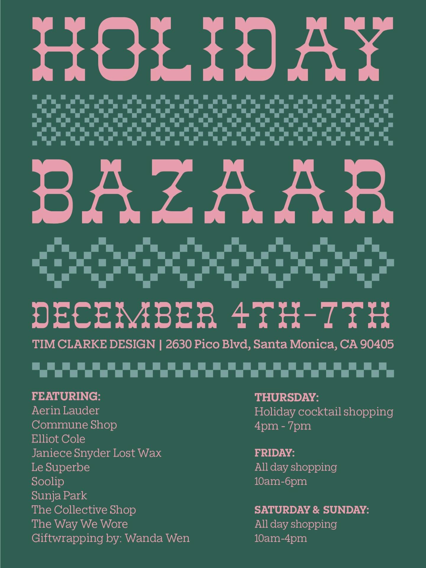Tim Clarke&rsquo;s incredible design studio is being transformed into the most chic and inspired Holiday Bazaar tomorrow thru Sunday, Dec 4 thru 7, featuring an incredible mix of artists, designers, and makers that we are honored to be sitting next t