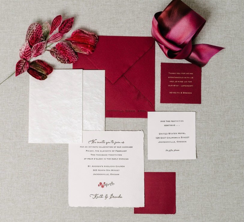 For Brenda &amp; Keith, a wedding invitation fit for a February winter wedding. Letterpress printed in Mink on handmade papers in natural white and intense burgundy. ❤️

#weddinginvitation #weddingpaper #paper