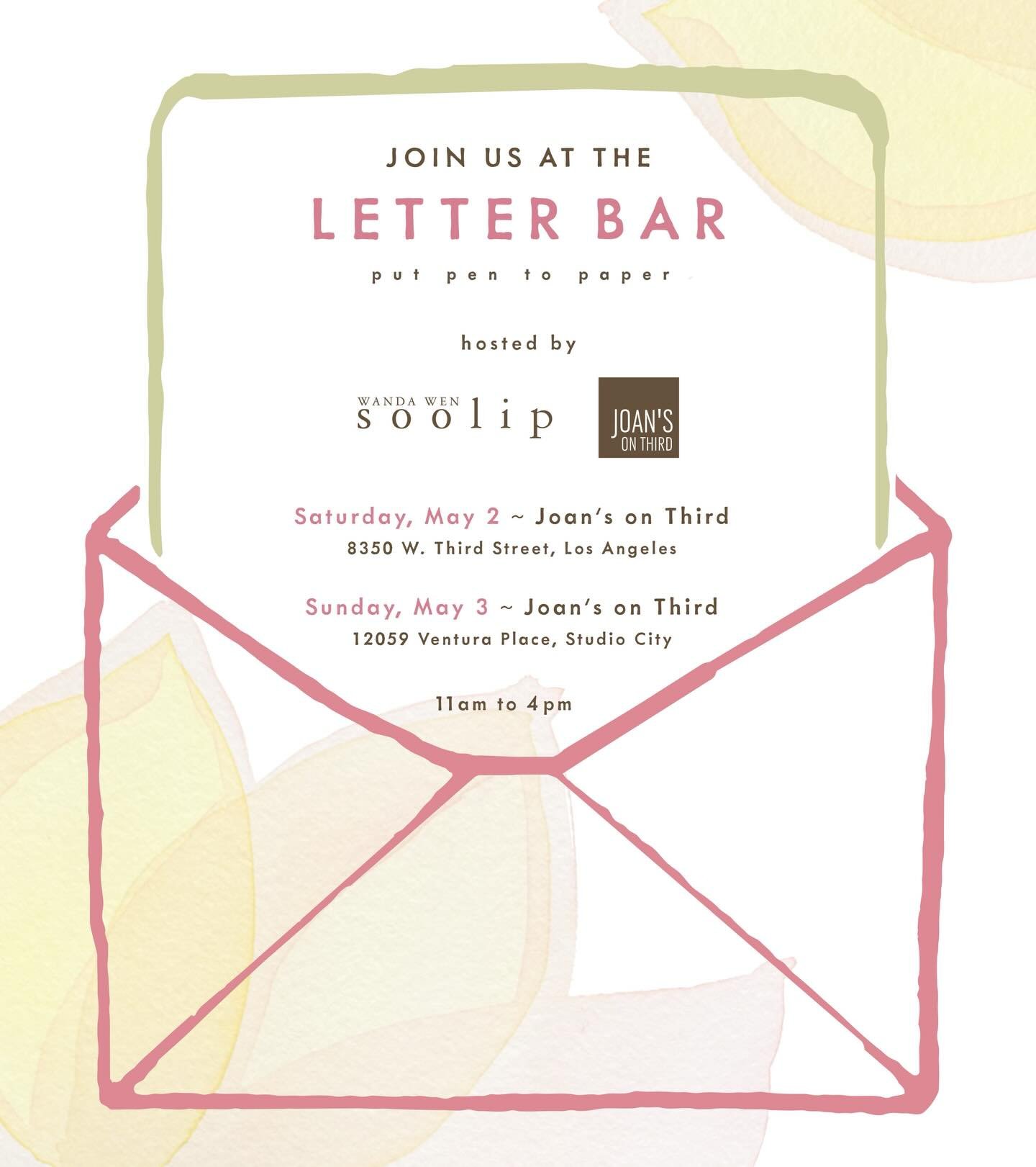 Join us for a Letter Bar pop-up at Joan&rsquo;s on Third (both locations!). Brought to you by your favorite local mother daughter teams. 

Ahead of Mother&rsquo;s Day, capture this moment in time with a letter to your mother, a mother figure, or some