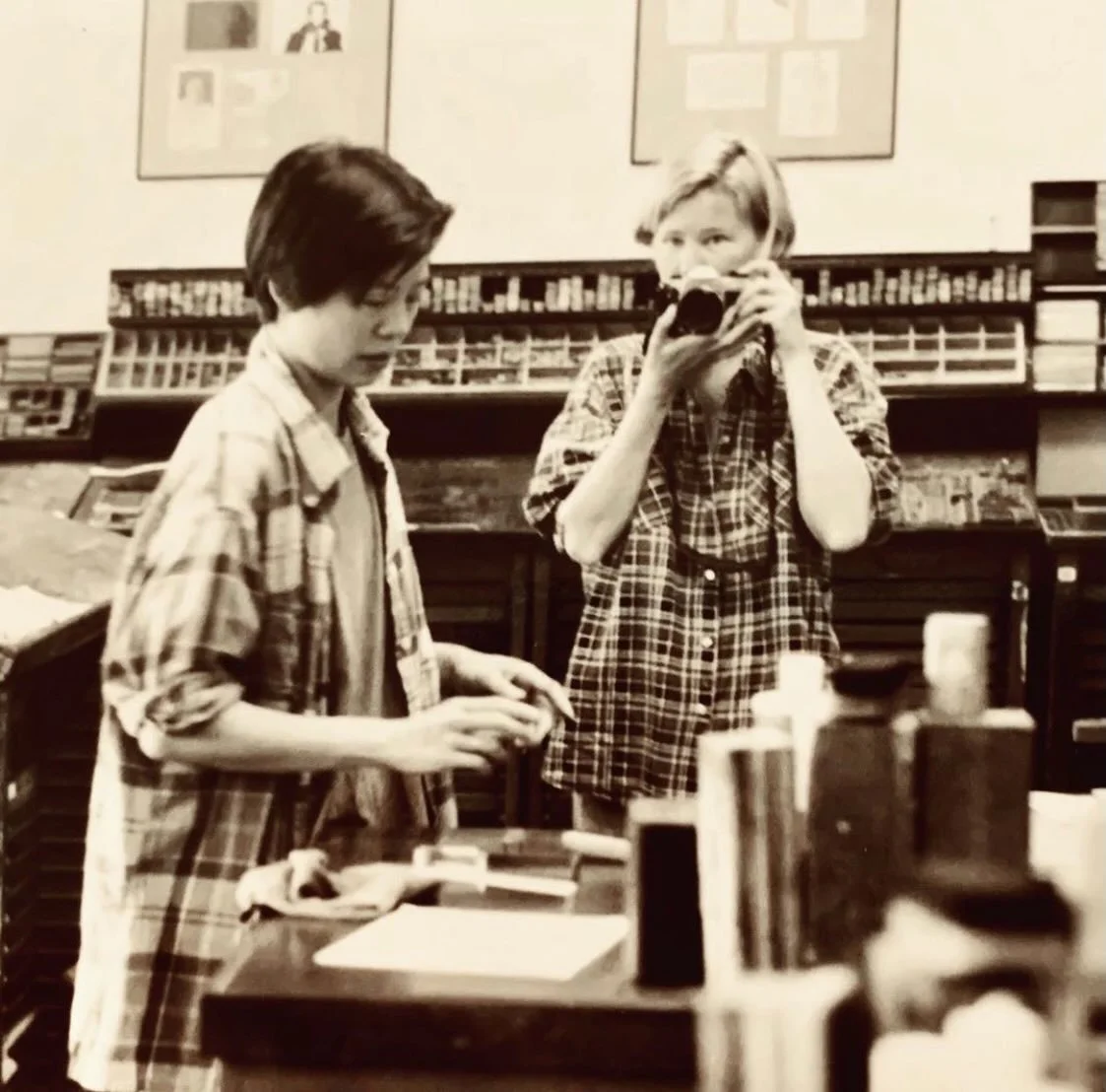 Early days of Soolip, c. 1996. 

Setting type with @elizabethhubbellstudio at the Armory Center for the Arts in Pasadena. 

For 31 years and counting, we have been enamored by the beauty of printing on paper. As Soolip evolves into its third decade o