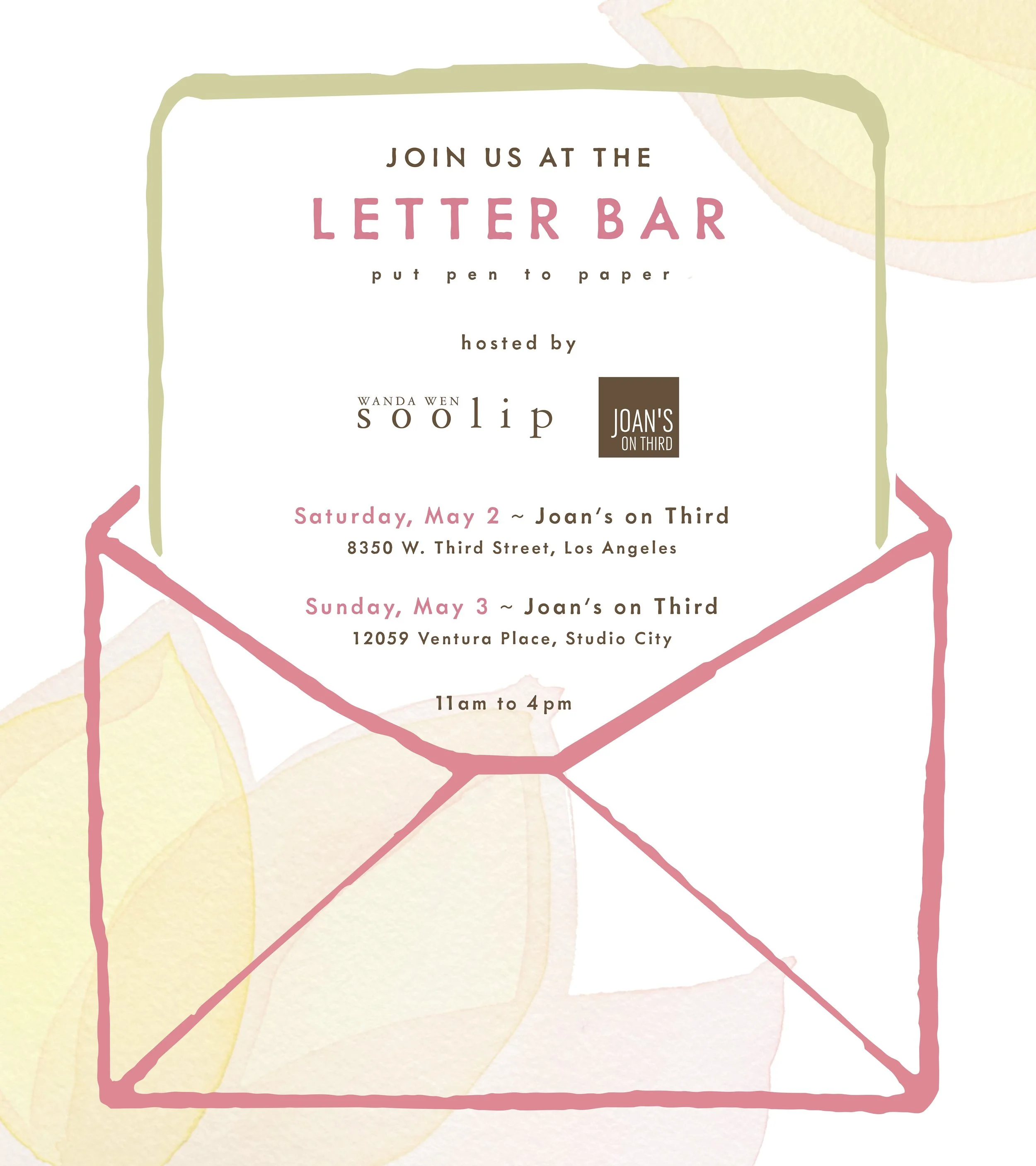 Event invitation for a letter writing event at Joan's on Third, featuring details of date, time, location, hosted by Wanda Wen Soolip, with a soft watercolor background and abstract pink line border.