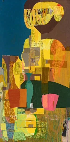 Abstract painting of a woman with short hair, featuring geometric shapes in yellow, orange, pink, green, and blue.