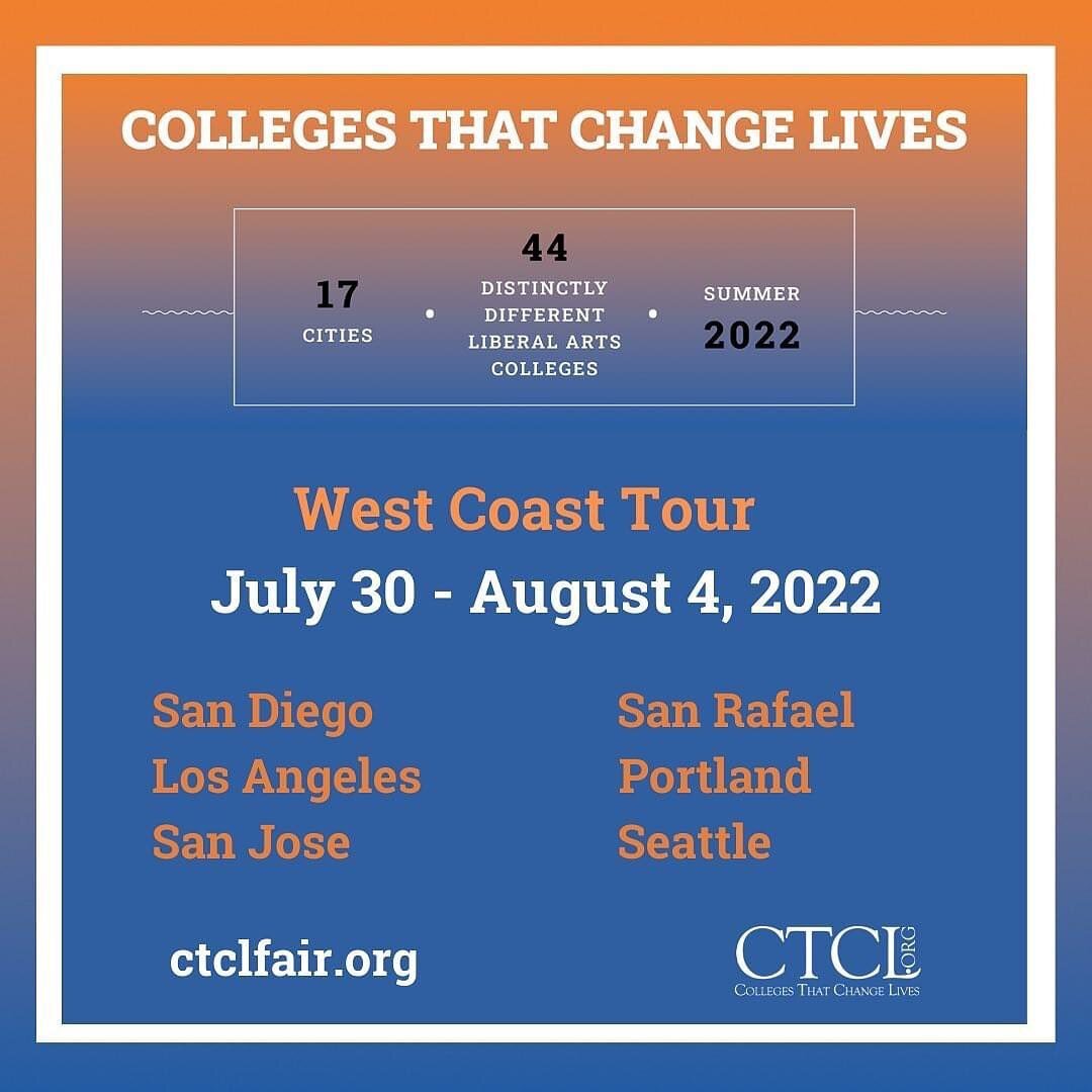 West coast students and families, I encourage you to check out the Colleges That Change Lives, excellent liberal arts colleges visiting our region. Register on CTCL website. Reposting with permission. #liberalarts #ctcl #collegeadmissions #collegefai