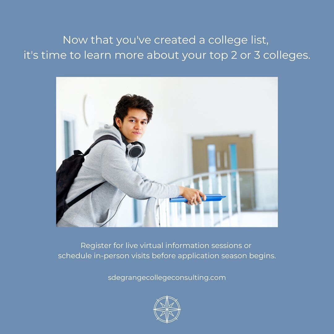 Take a closer look at your top colleges by signing up for virtual information sessions or in-person visits before application season begins. #collegeadmissions #collegeresearch #collegeadvising