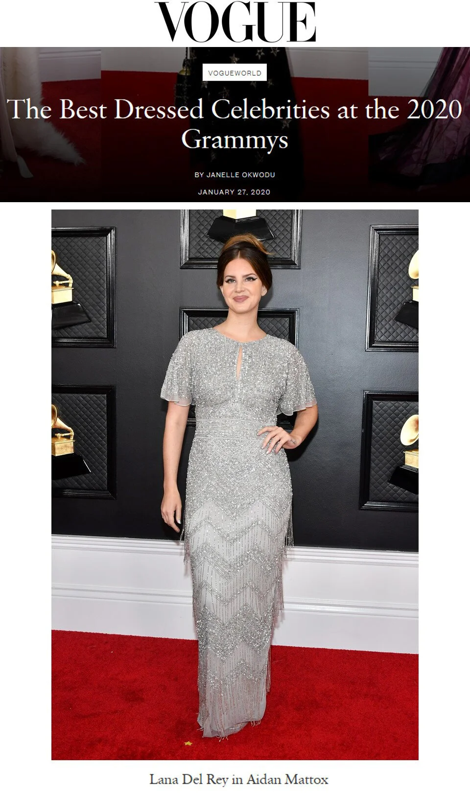 Lana Del Rey in Aidan Mattox tiered beaded gown - Grammys 2020. 