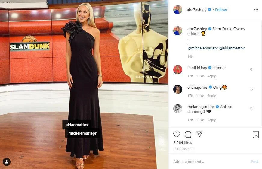 Ashley Brewers in asymmetric ruffle crepe Aidan Mattox gown  - ABC7 Oscars coverage