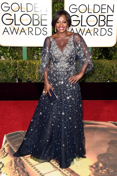 Viola Davis in fully beaded Marchesa ball gown- Golden Globes Awards 2016