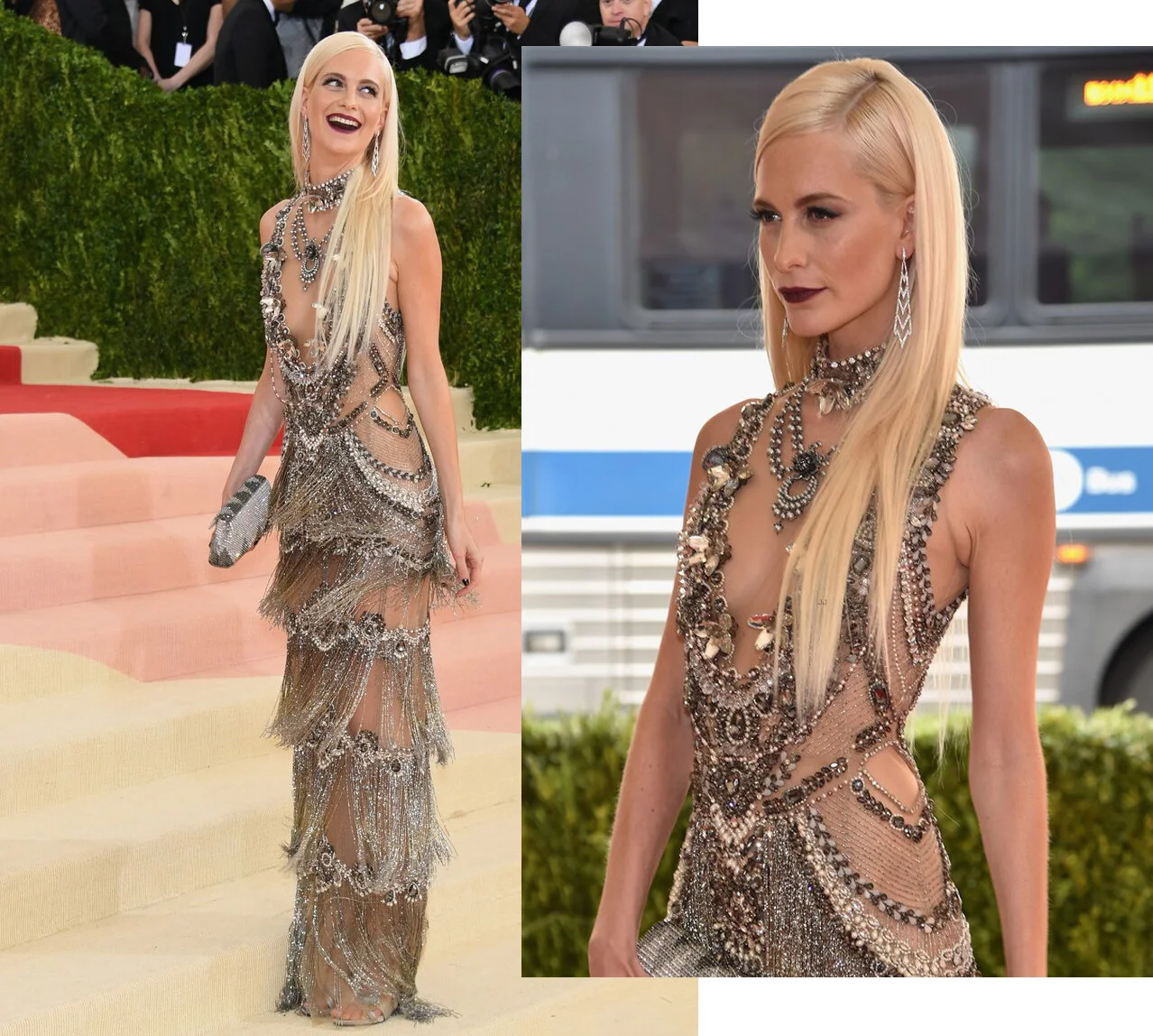 Poppy Delevigne in fully beaded fringe Marchesa gown- The Met Gala 2016
