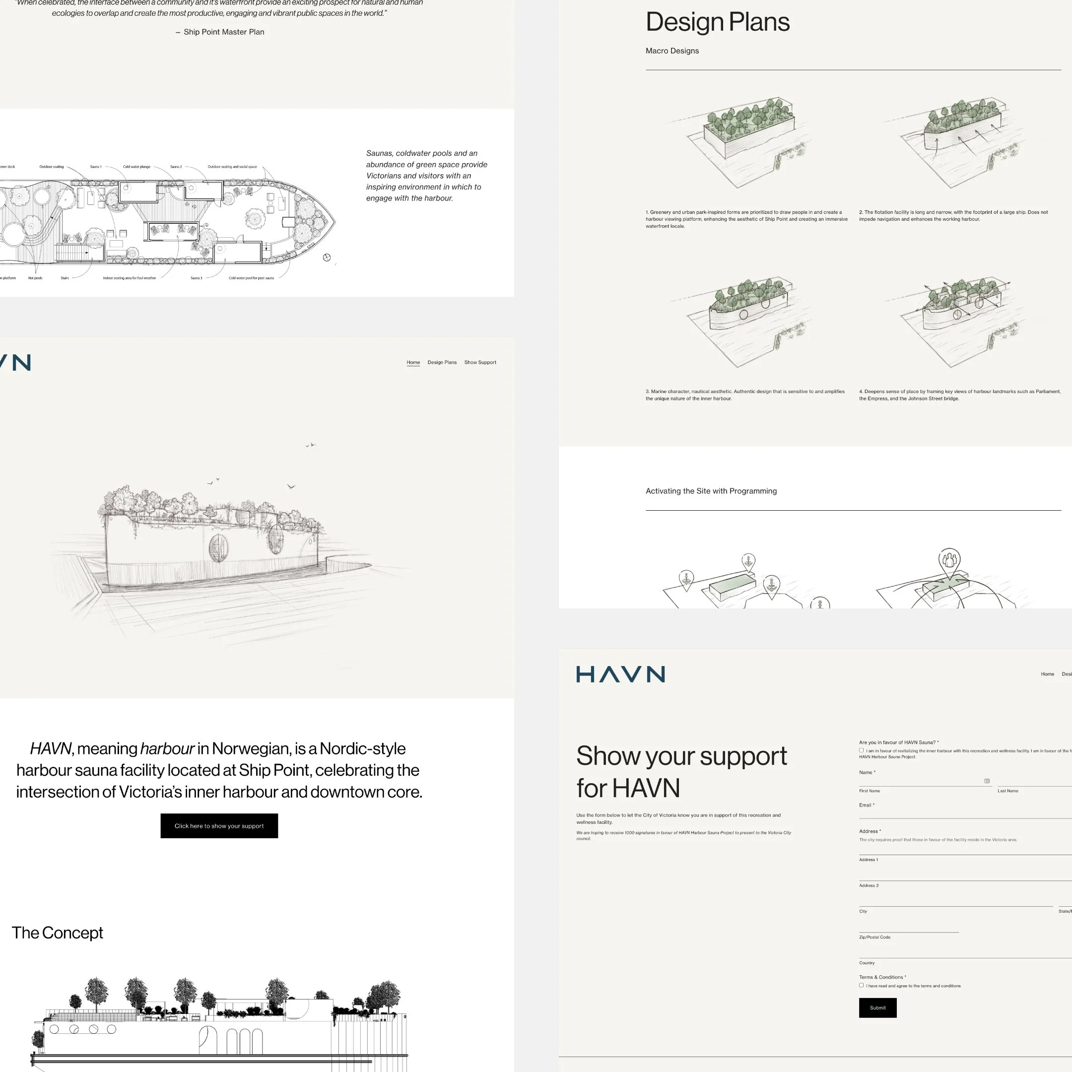 Four design plan sketches and a support request form for a Nordic-style Norwegian harbor sauna facility called HAVN, located at Ship Point, featuring layouts, conceptual drawings, and site activation diagrams.