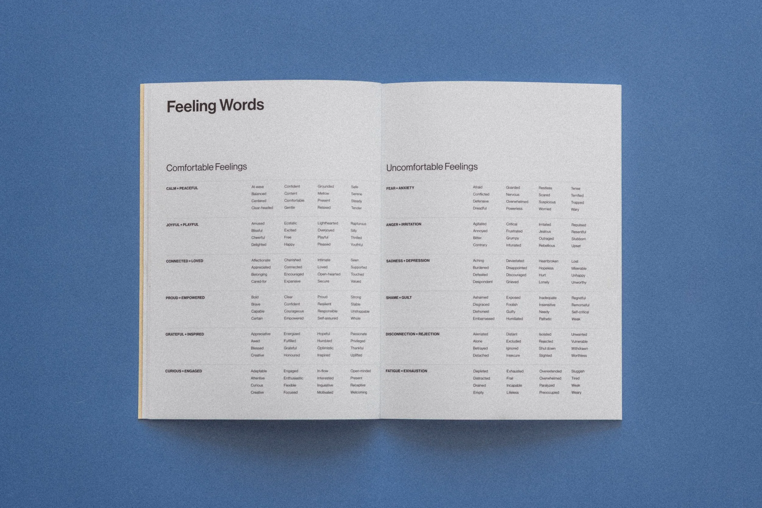 An open book titled 'Feeling Words' on a blue surface, showing lists of words categorized as comfortable feelings on the left and uncomfortable feelings on the right.