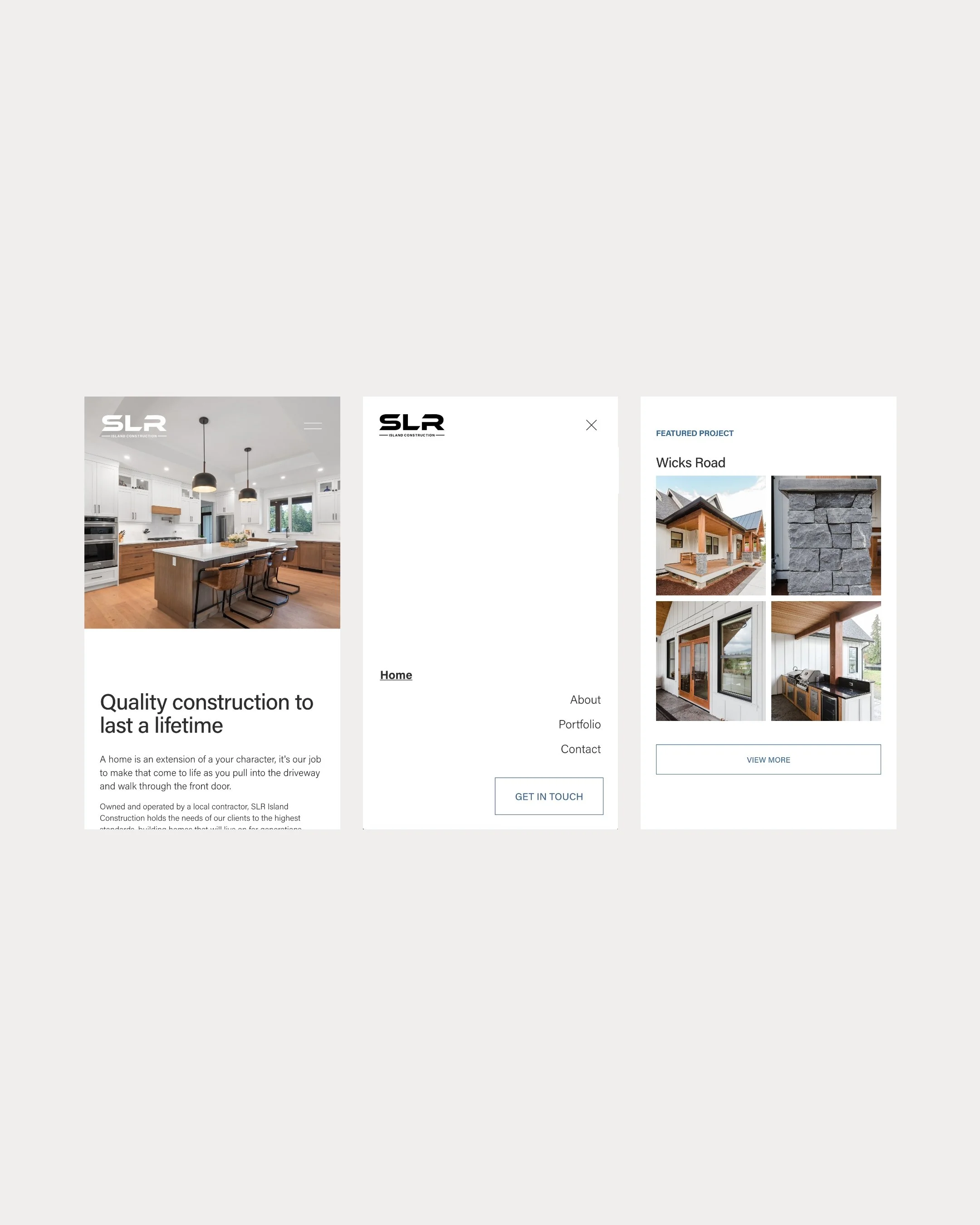 Screenshots of a home construction company's website, showing a kitchen interior, a home menu, and a project gallery with images of a house, stonework, and interior spaces.