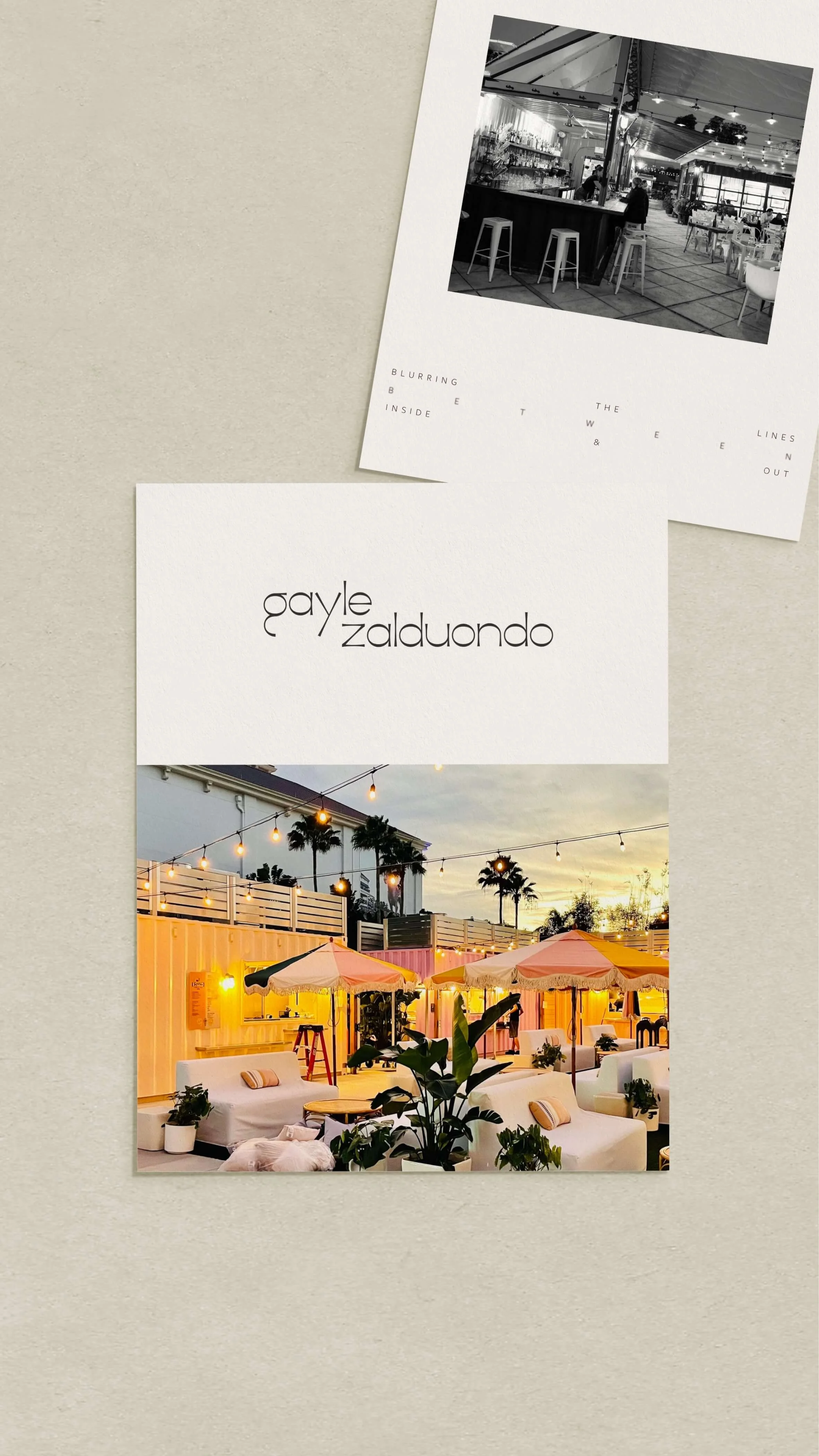 A flyer showcasing a venue with outdoor seating, umbrellas, string lights, and palm trees at sunset, with the name 'Gayle Zalduondo' written in the center.
