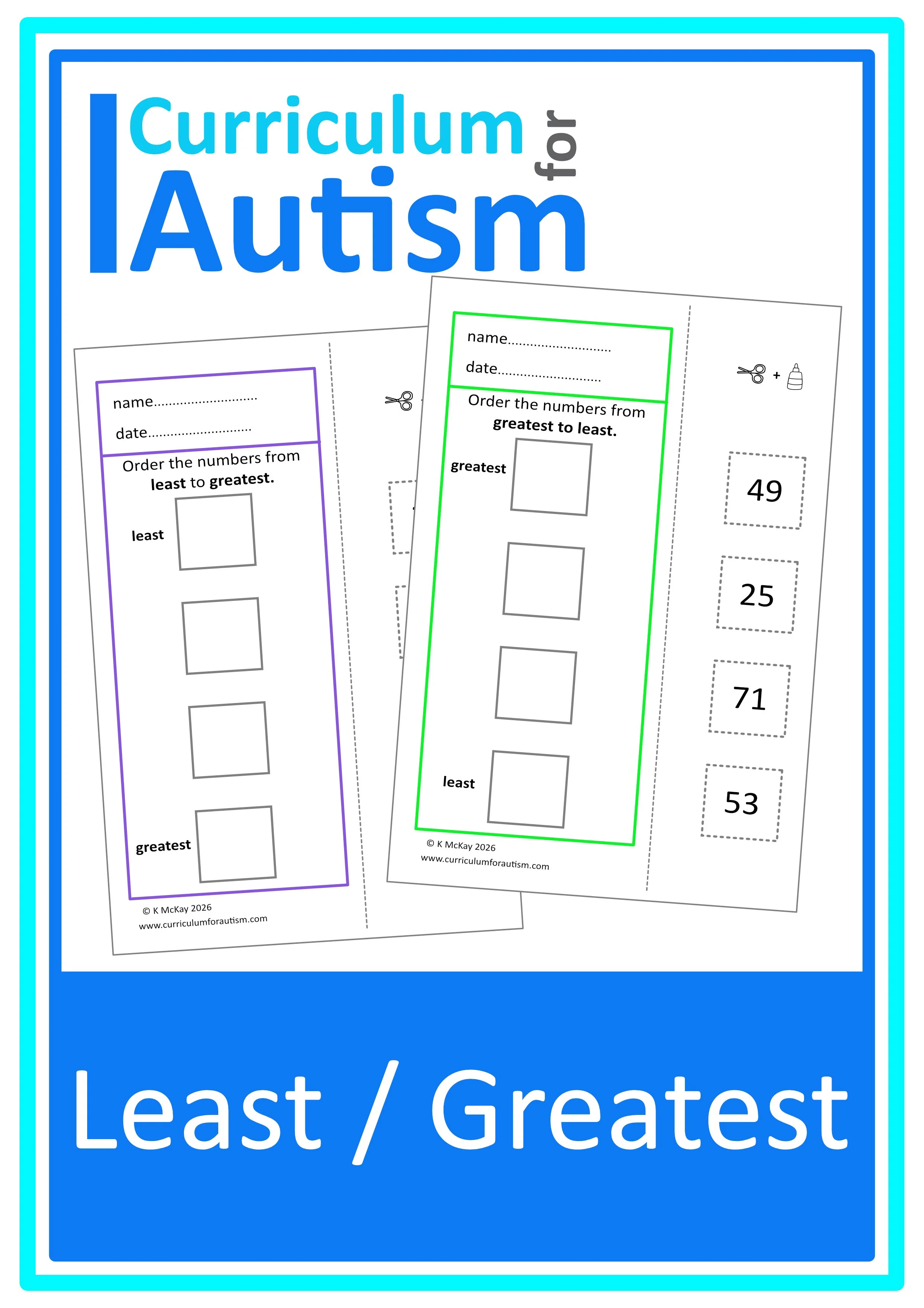 Least to Greatest Comparing Numbers Worksheets - Autism Math