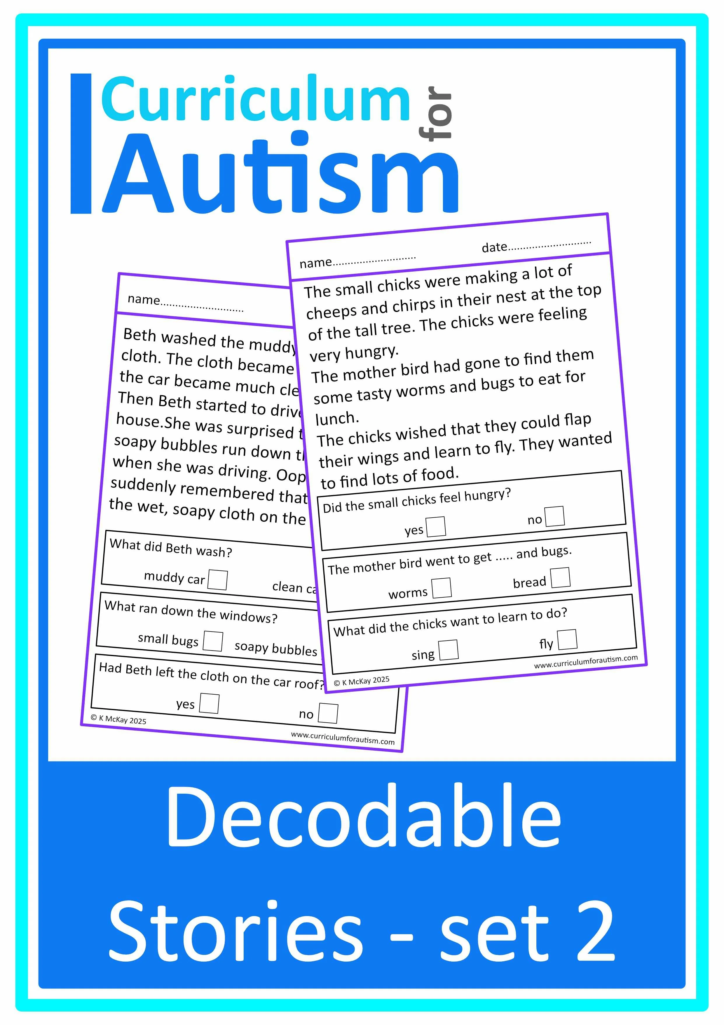 Decodable Stories Reading Comprehension Worksheets -Set 2- Autism Literacy