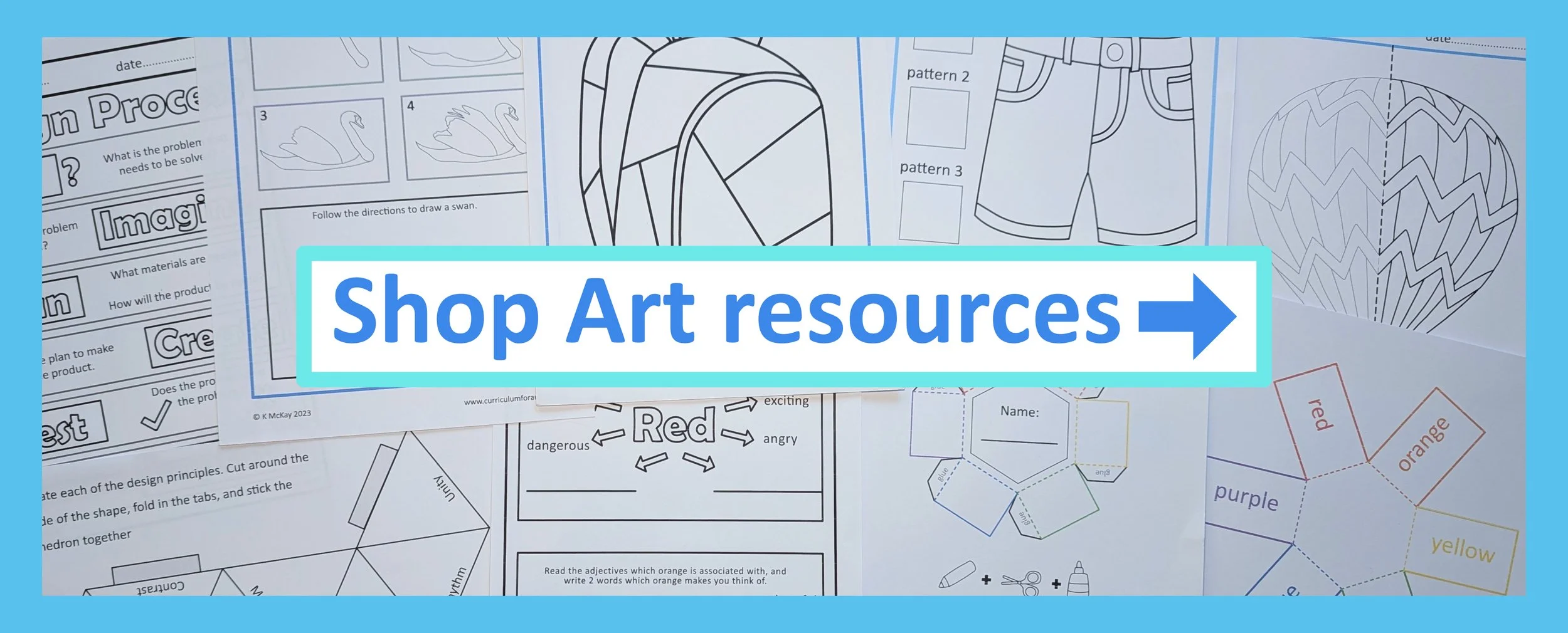 A digital webpage banner encouraging viewers to shop for art resources, featuring various black and white art worksheets and coloring pages spread out beneath a blue box with the text "Shop Art resources" and a right arrow.