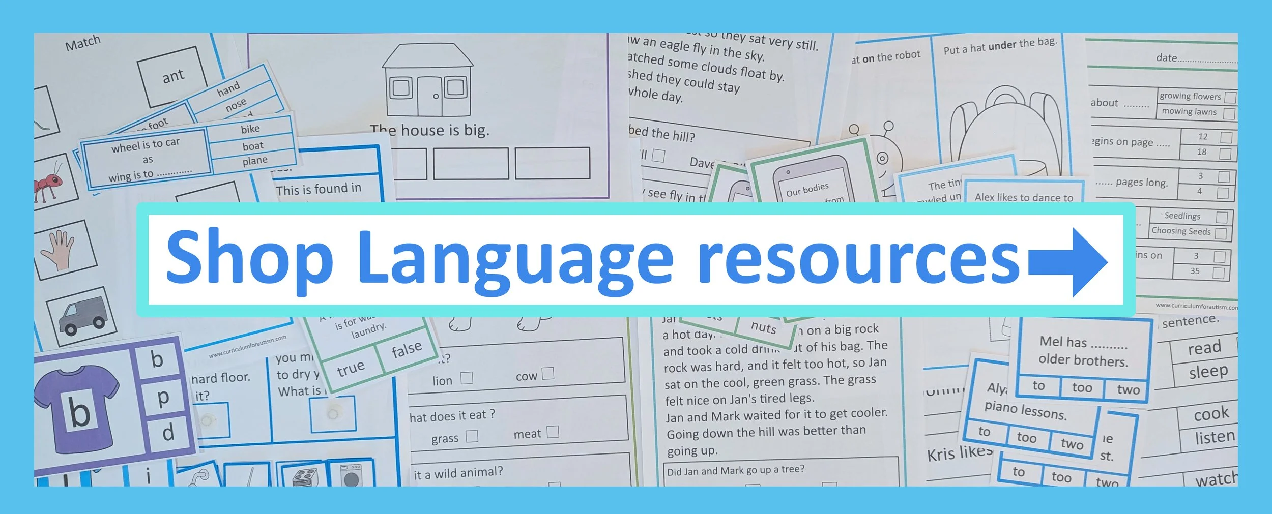 Photo of a selection of printable Language & Literacy activities, cards & worksheets for students with autism, with a button that reads 'Shop Language resources'.