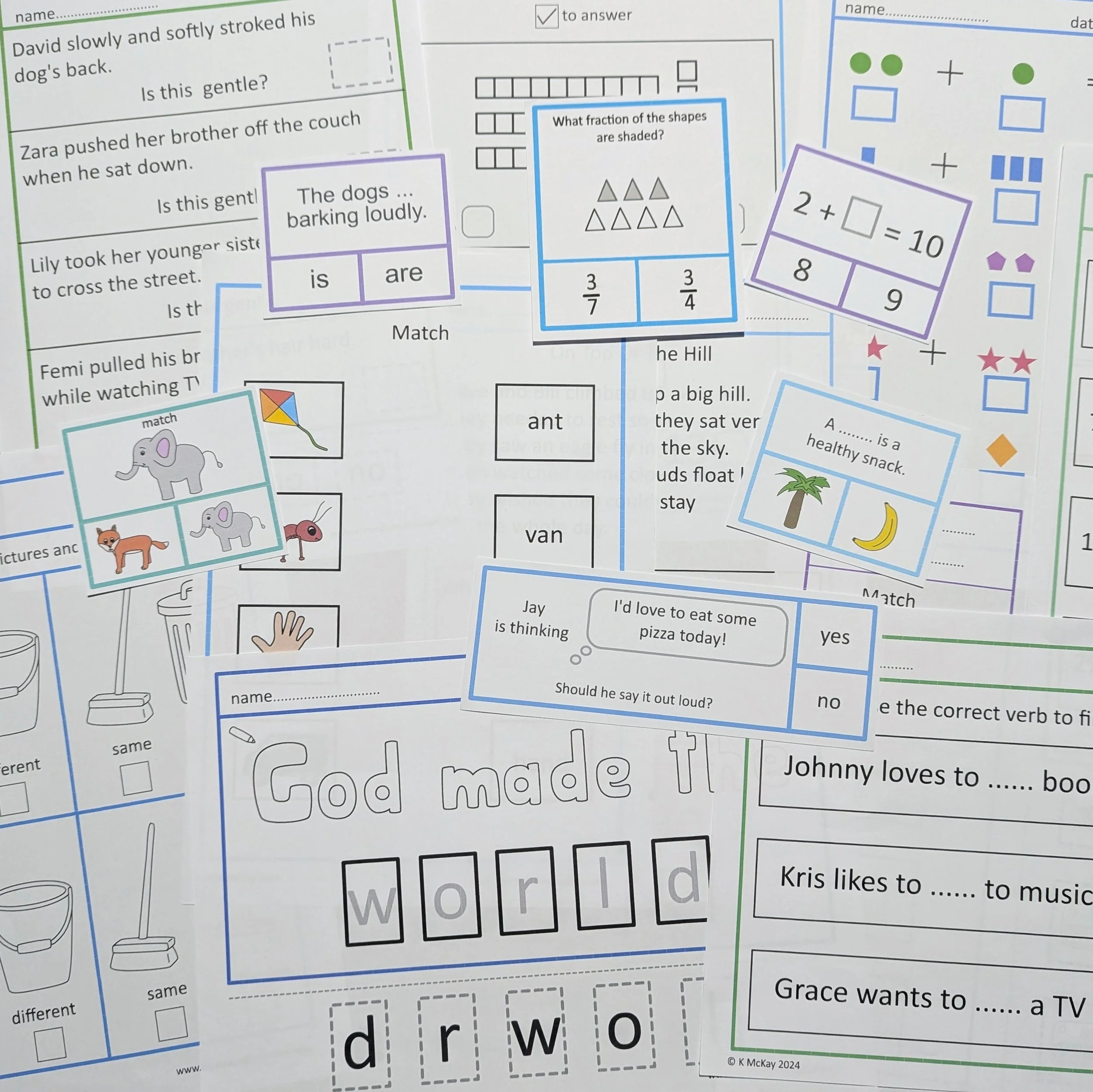 A collection of educational worksheets and flashcards for children, featuring activities such as matching animals and objects, math problems, and word puzzles.