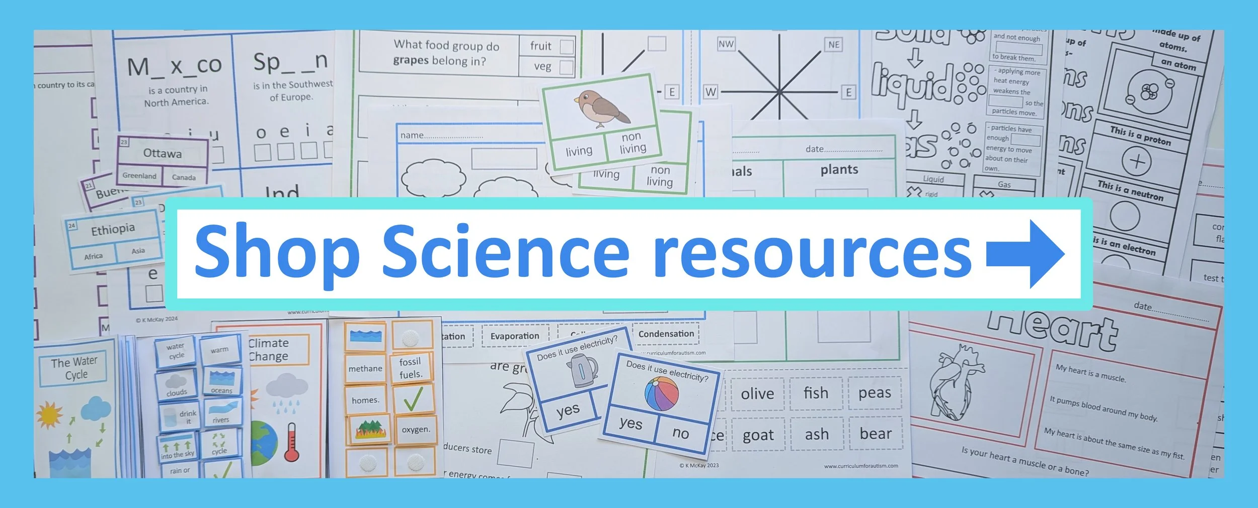 Photo of a collection of printable Science lesson activities, cards & worksheets for students with autism, with a button which says 'Shop Science resources'.