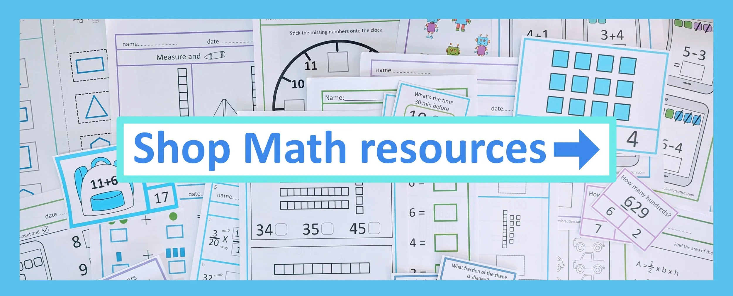 Photo of a selection of printable autism special education math and numeracy activities, worksheets and picture cards, for special education classroom or homeschool, with 'Shop Math resources' button.