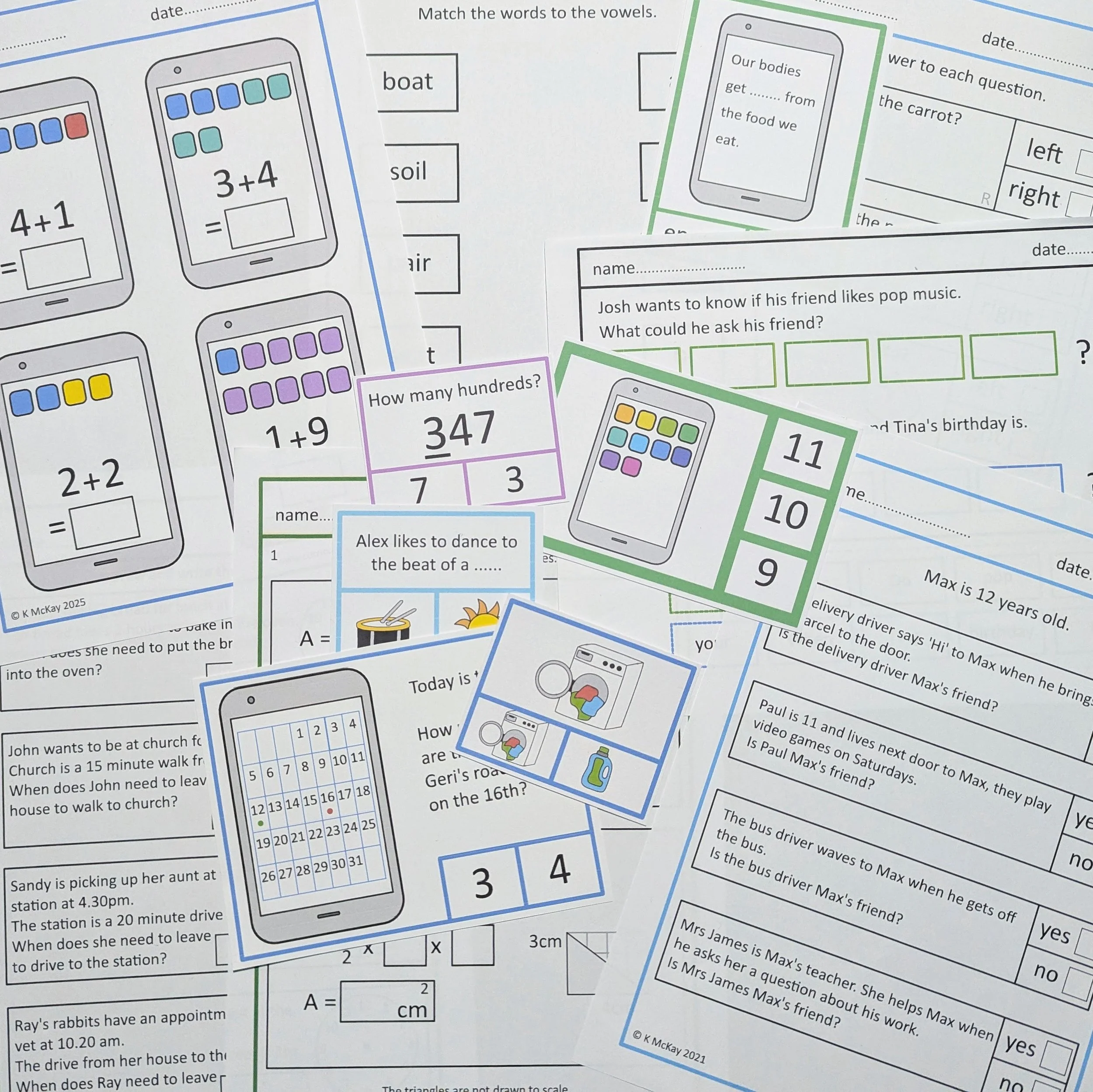 Collection of educational worksheets featuring math problems, phone graphics, and activity prompts for children.