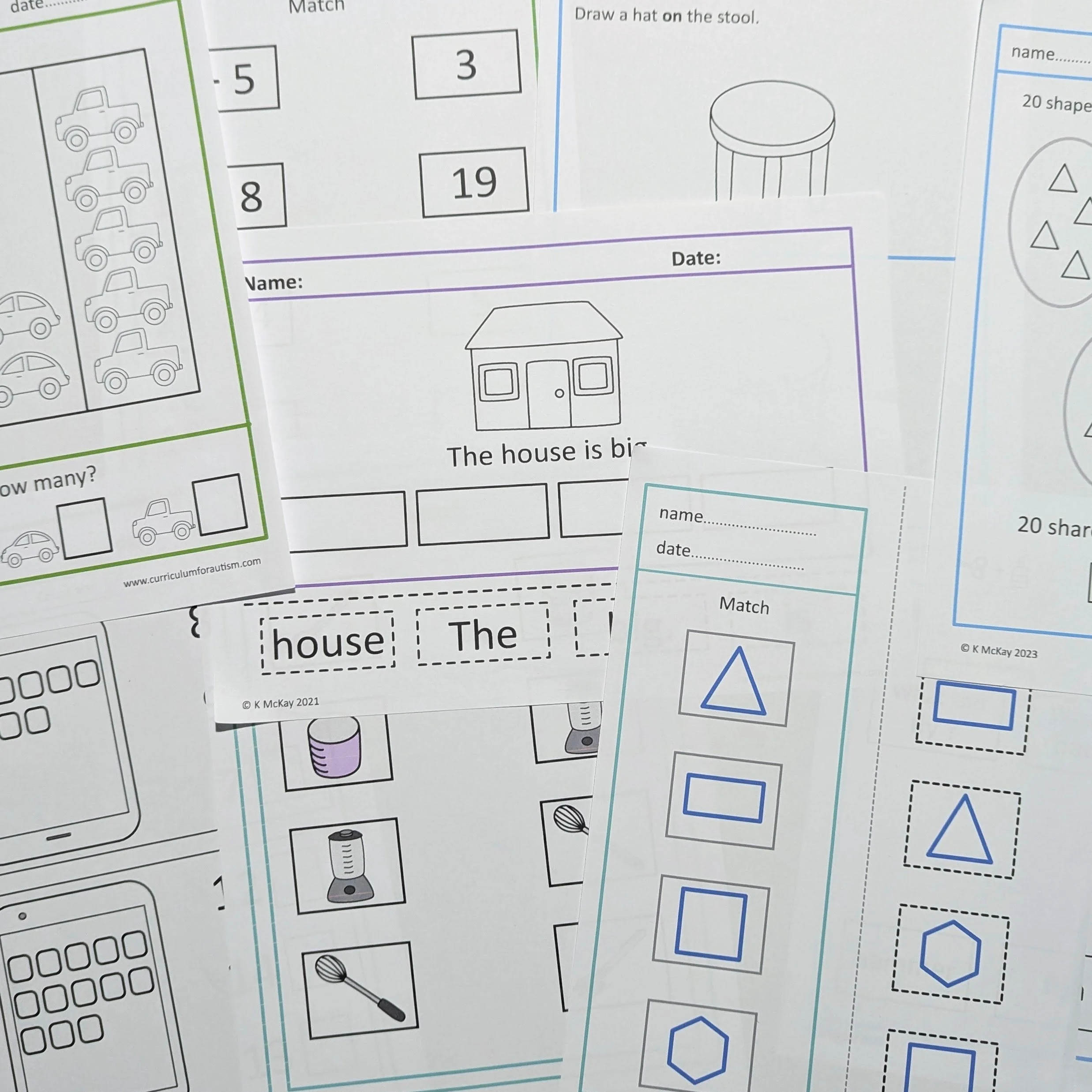 A collection of educational worksheets with various activities, including a drawing of a house with the caption 'The house is big,' matching shapes, and counting objects. The worksheets feature simple illustrations and spaces for children's names and dates.