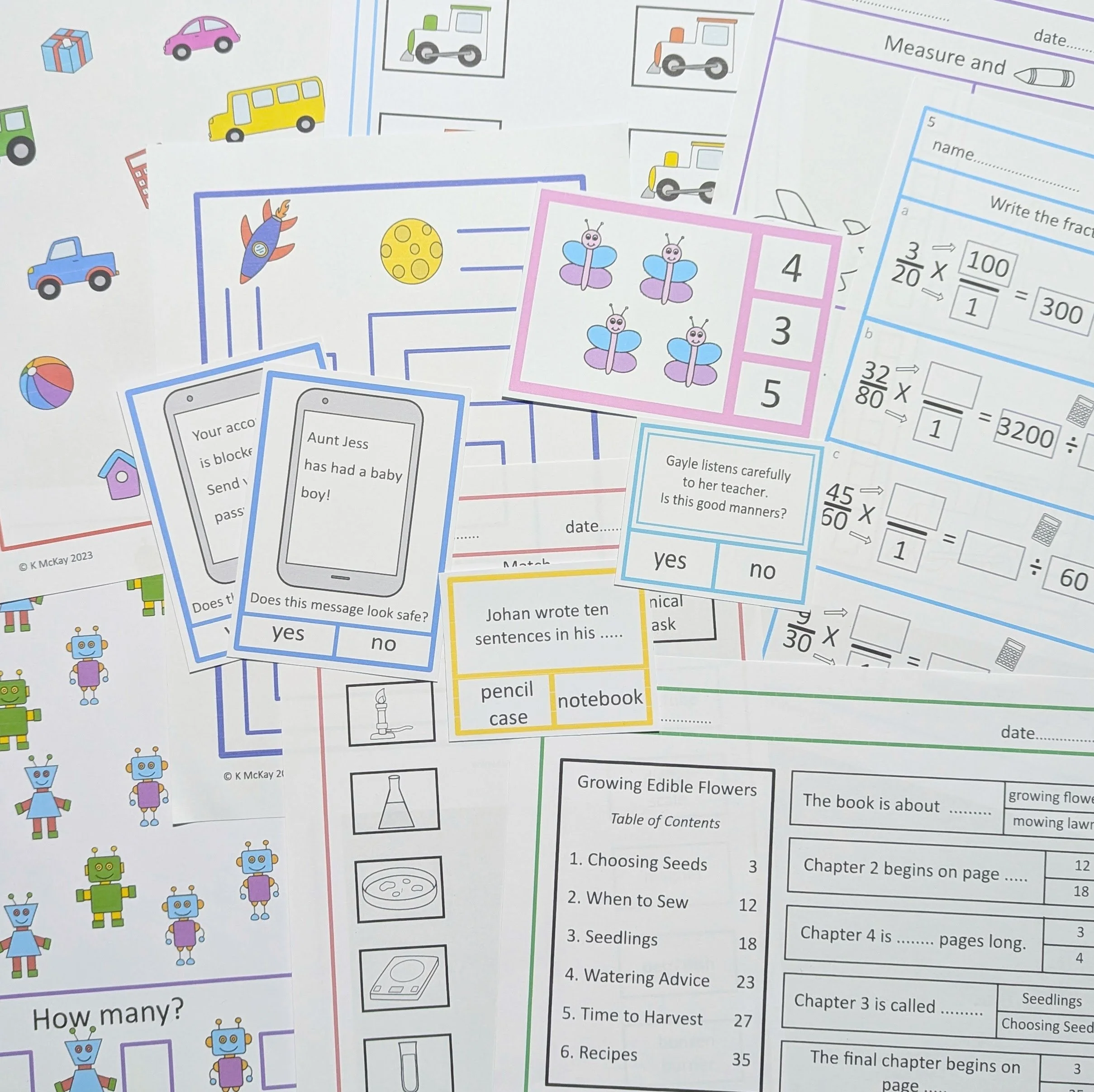 A collection of educational worksheets and activity pages for children, featuring animals, vehicles, math exercises, reading prompts, and illustrations of robotics and toys.