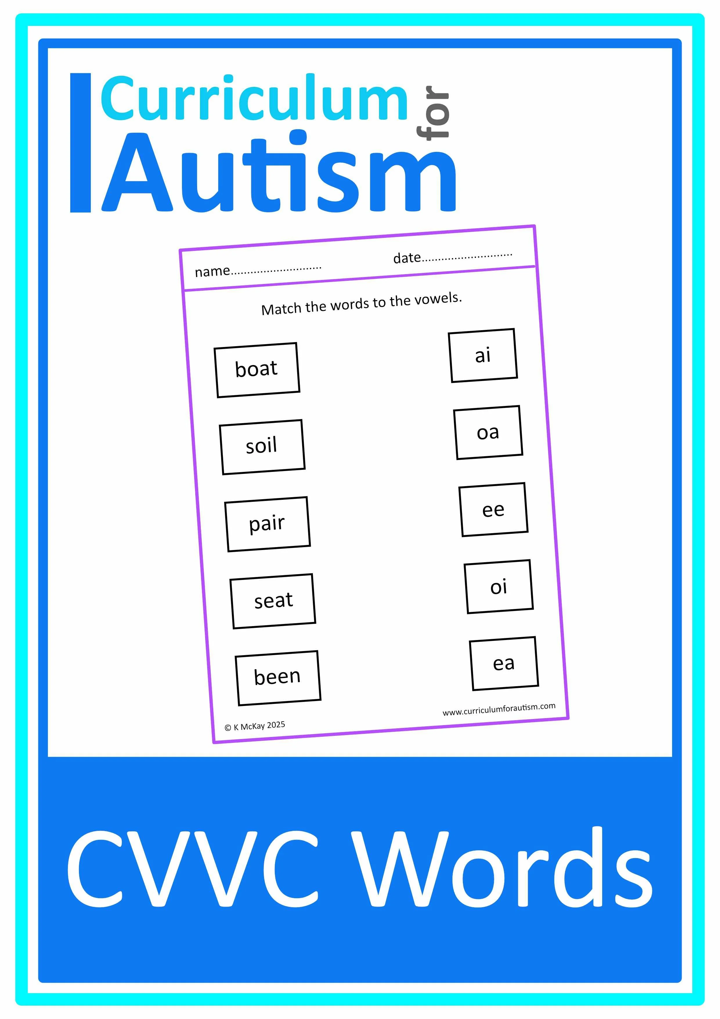 CVVC Words and Vowels Match Worksheets - Autism phonics