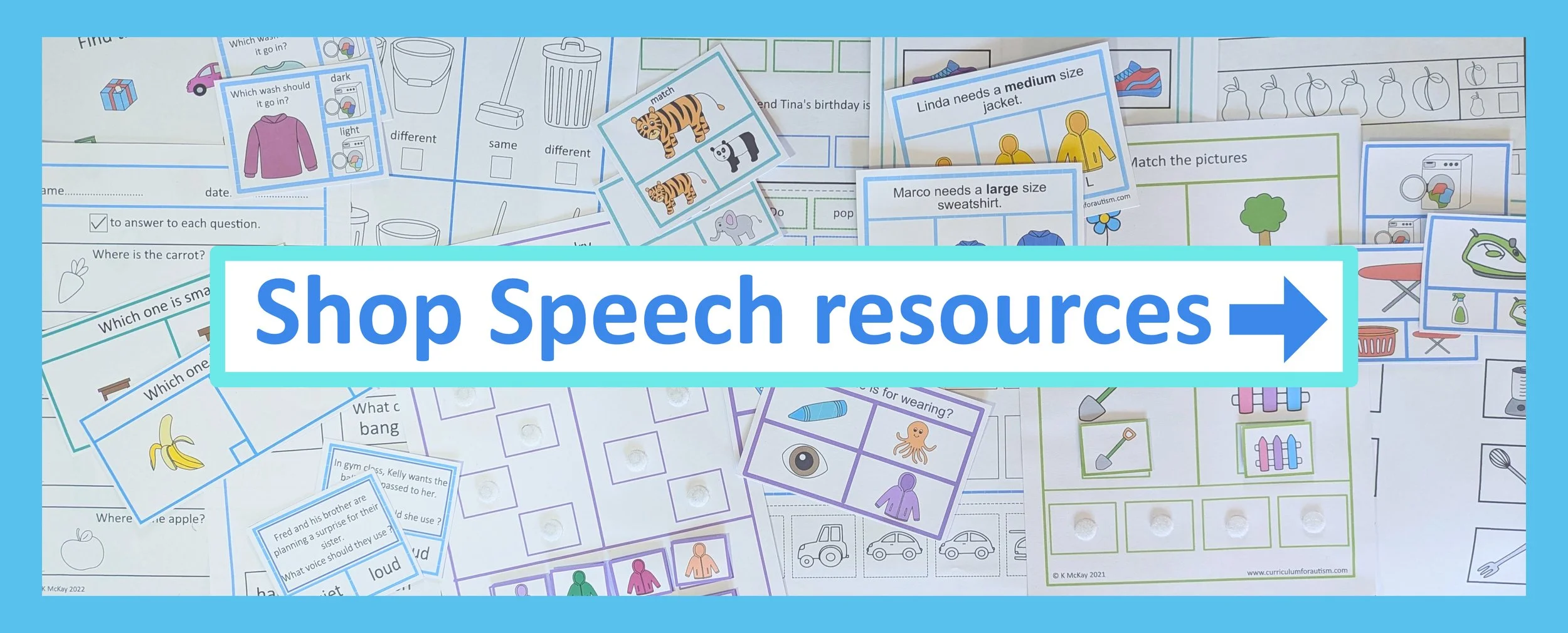Photo of a variety of printable autism special education speech and language activities, worksheets and picture cards for special education classroom or homeschool, with 'Shop Speech resources' button.