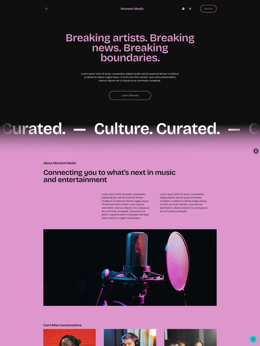 Dark Mode Website Template for Entertainment, Media, and Podcasting.