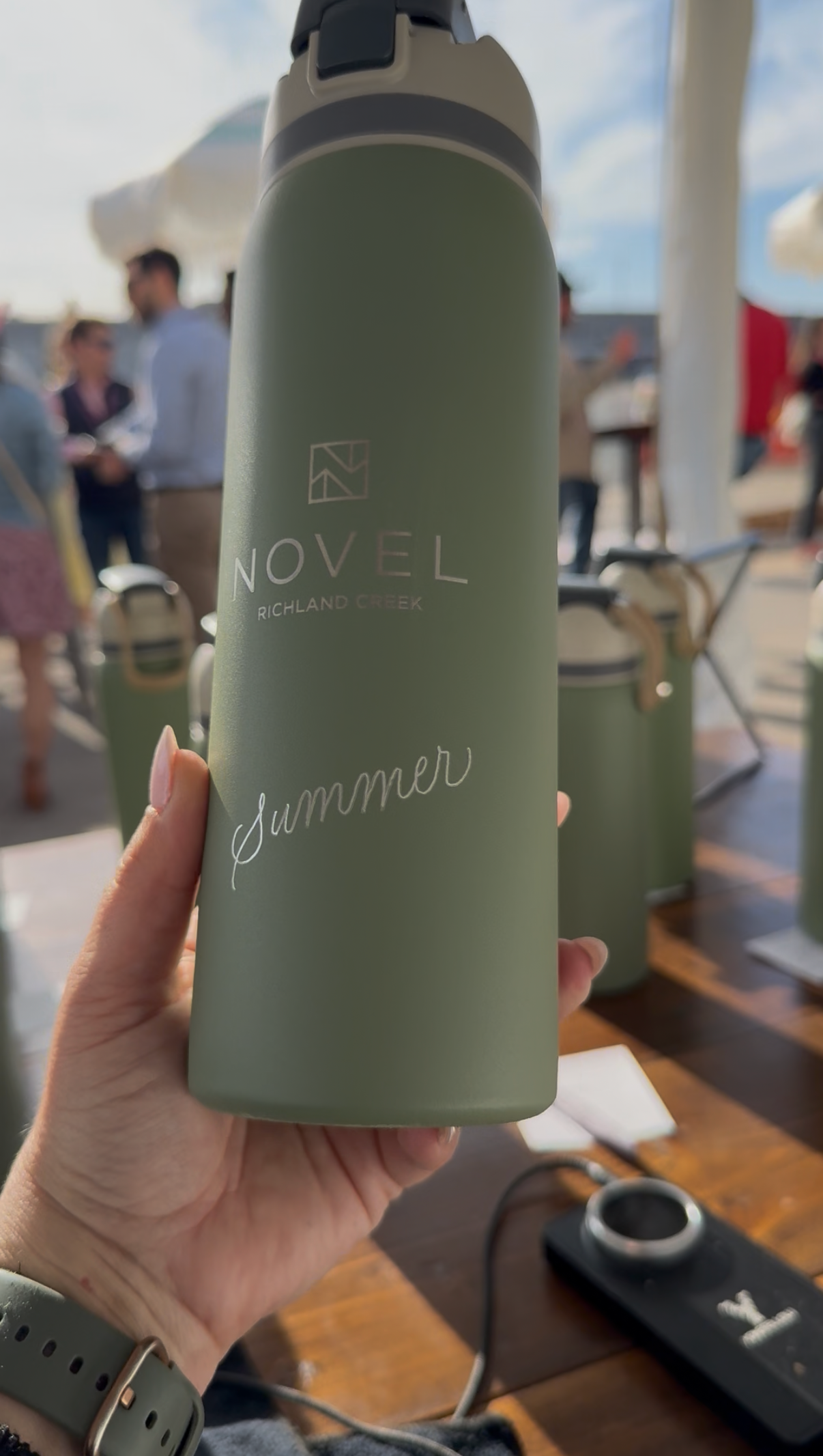 hand engraved green Owala water bottle