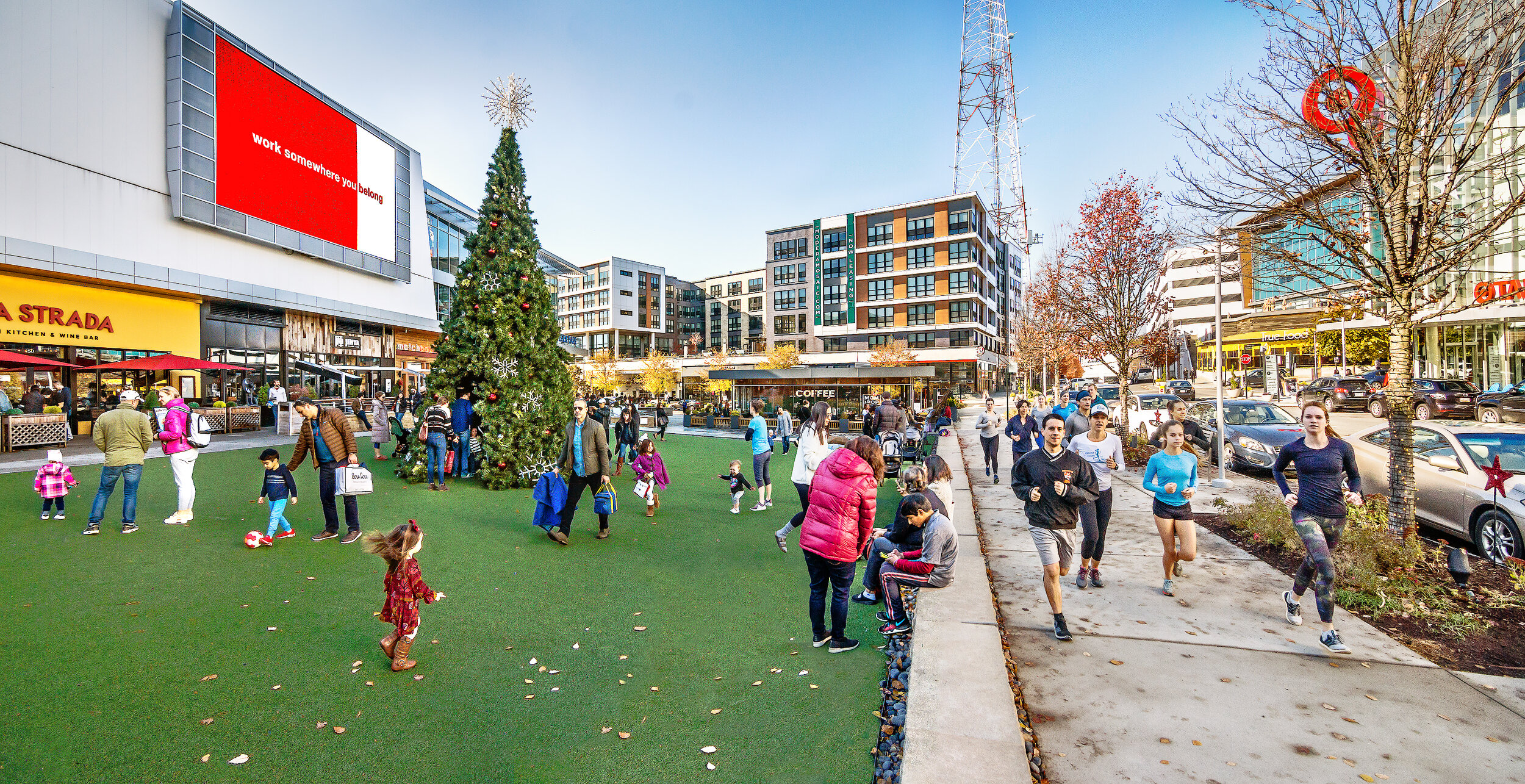 The mixed-use redevelopment of a cinemaplex into The Mosaic District centers on a programmed town green enjoyed by residents and neighbors.