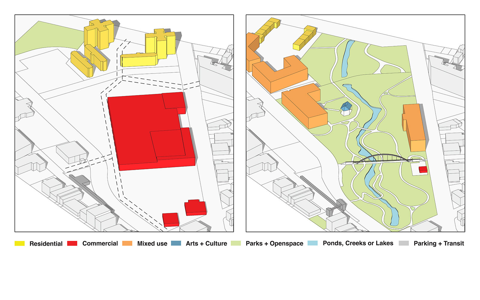 Built over a culverted creek that flooded regularly, the Meriden Hub mall has become Meriden Green: a flood-protection stormwater park that includes new and relocated housing.