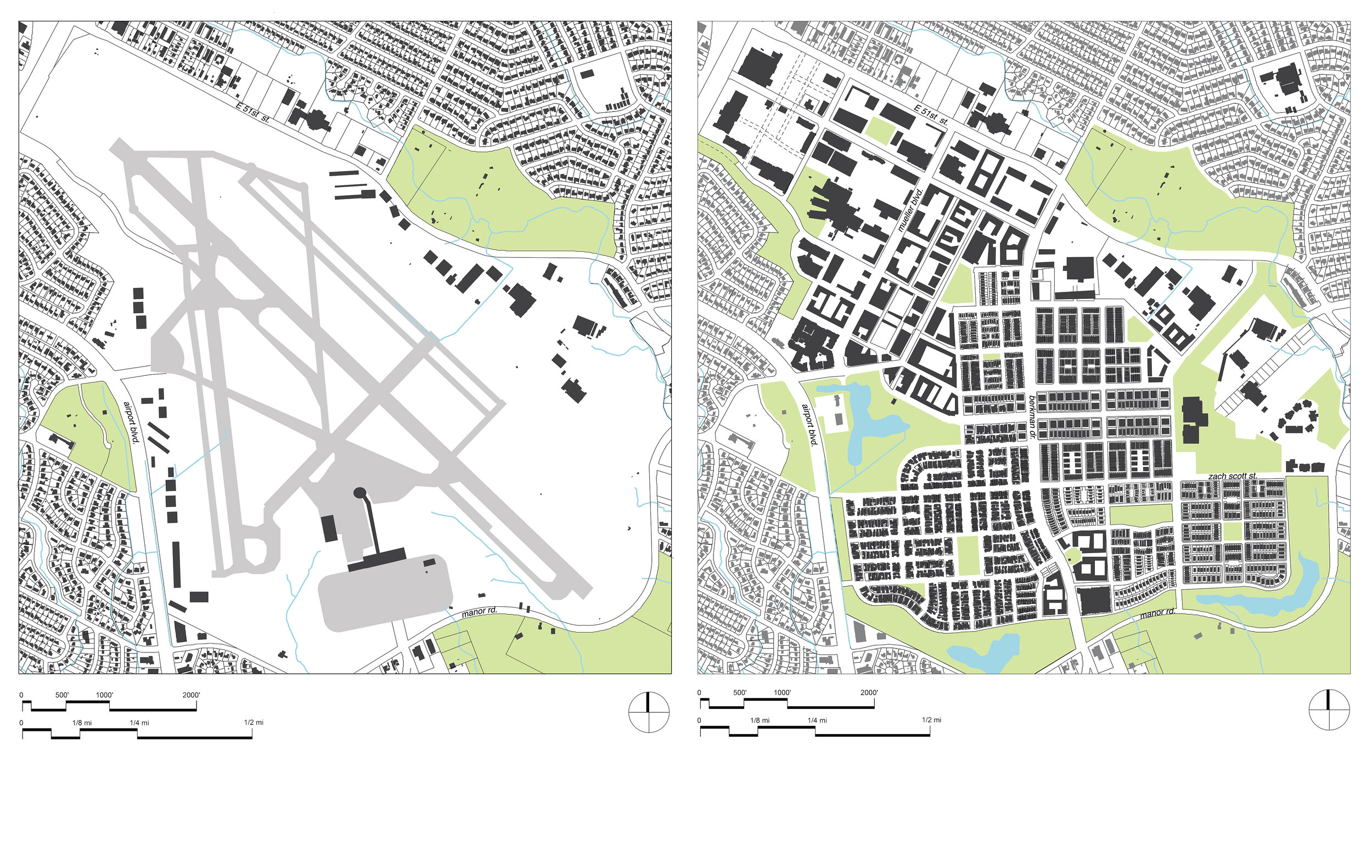 Before and after figure-field diagrams of Mueller, TX, a mixed-use, mixed-income, energy- and water-efficient redevelopment of a decommissioned airport.