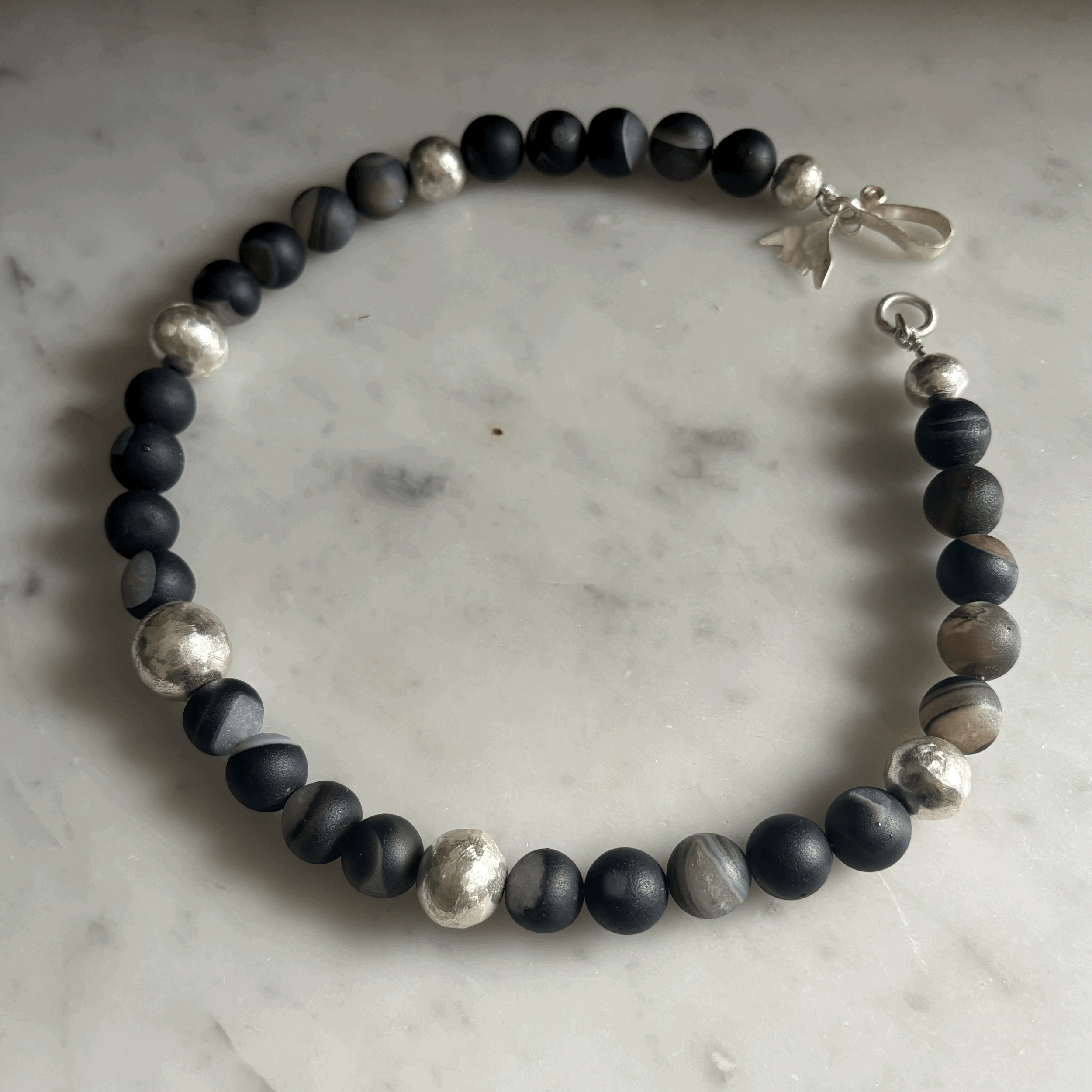 black drusy agate beads, hand forged silver balls, 45cm