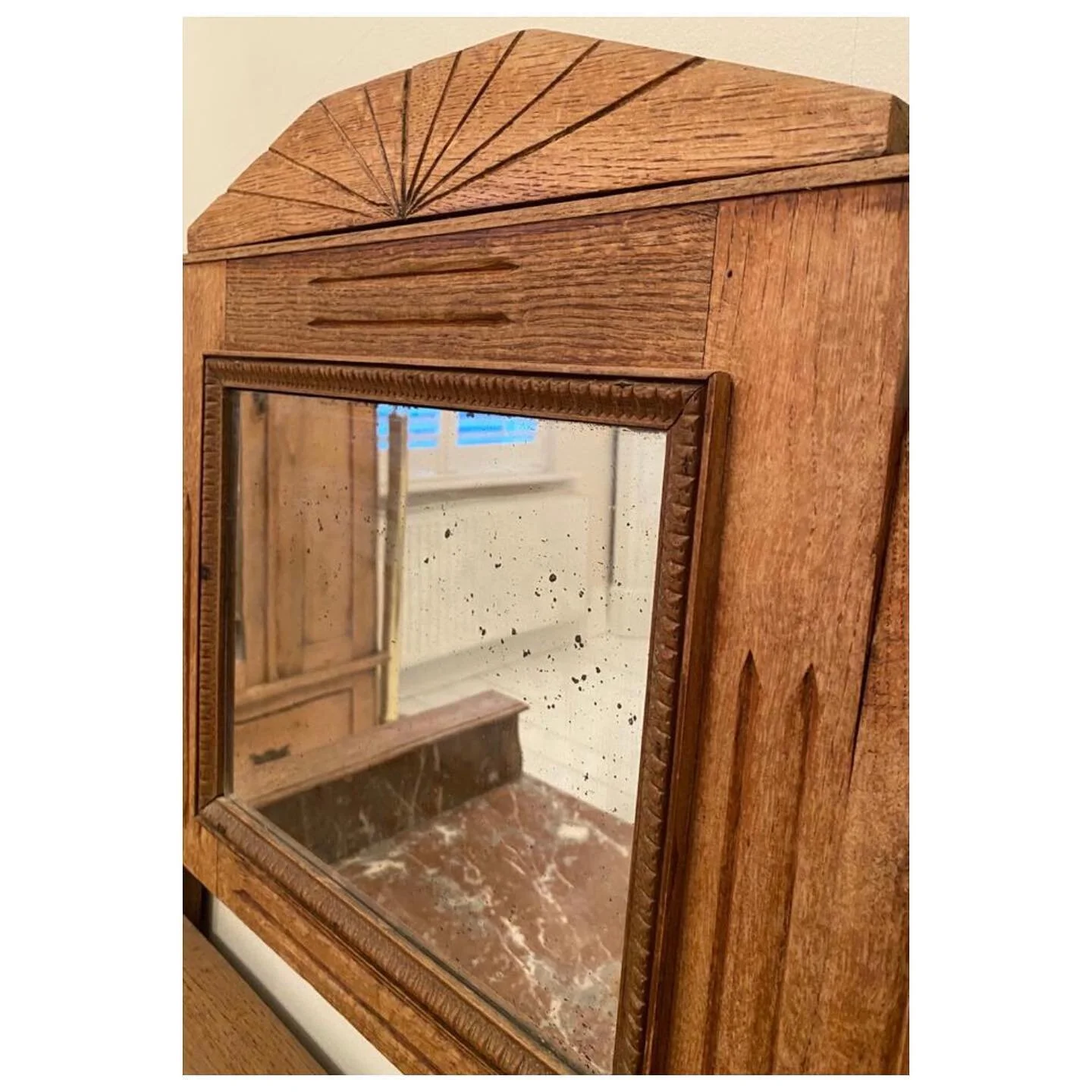 This beautiful 1920&rsquo;s washstand made with antique pine, topped in Royal Rouge Victorian marble was the centre piece of many a bathroom and kitchen in its day. We love the Deco detail surrounding the mirror and original brass handles. 

We live 