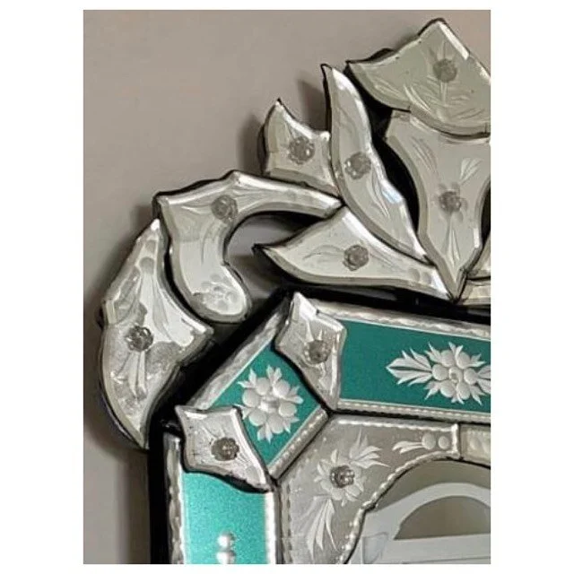 Oh Wow!! This! A magnificent Art Deco mirror is simply incredible. The intricacy of the detail: the pop of the Emerald green, the etched florals on the mirrored glass. The elegance it screams. Faultless design. 

This will be the focal-talking point 