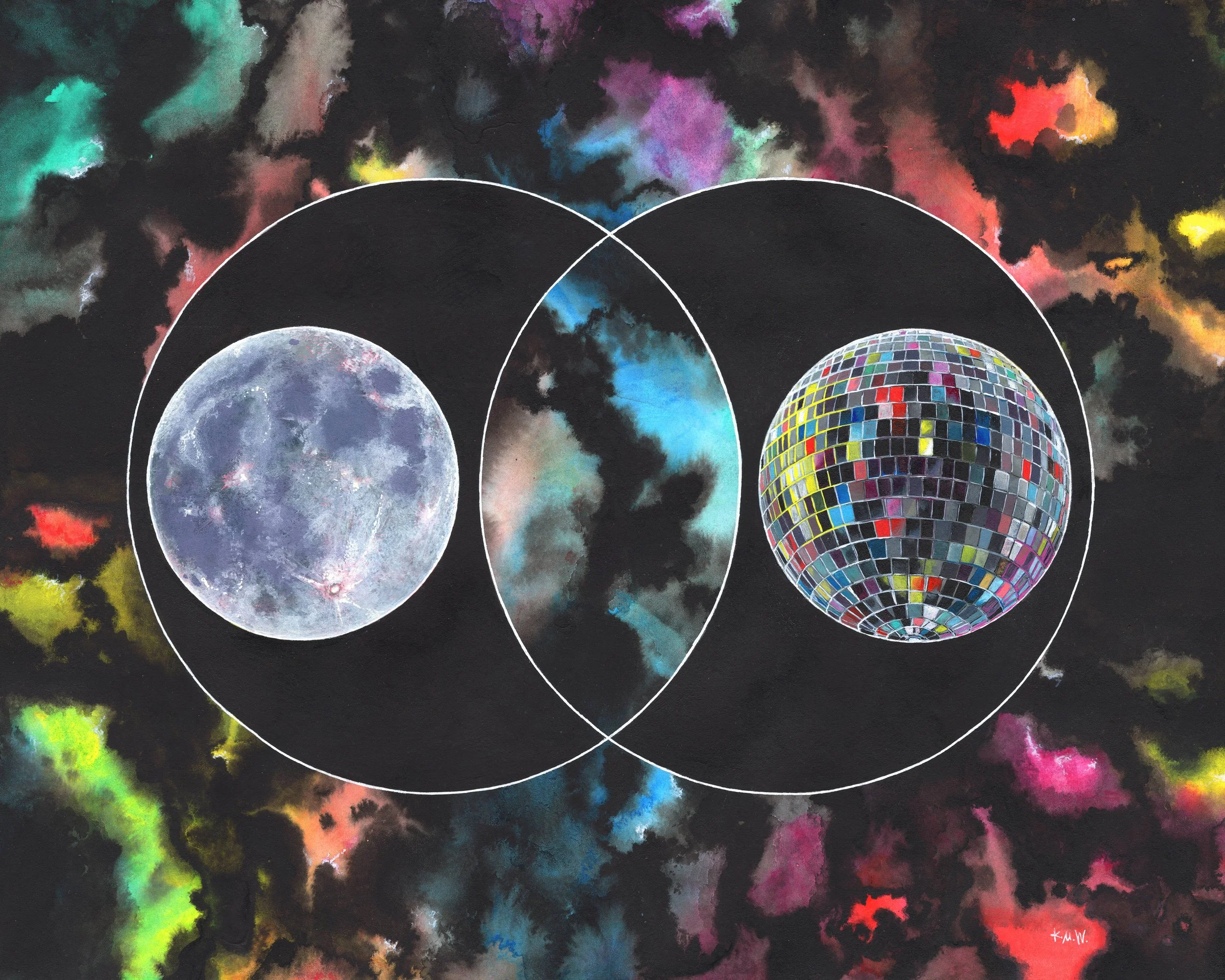 "Venn: Moon & Disco Ball"; acrylic