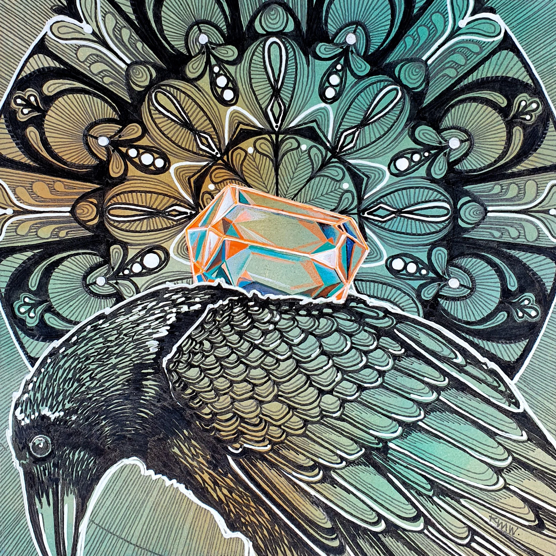 "Crow Treasure"; acrylic, ink