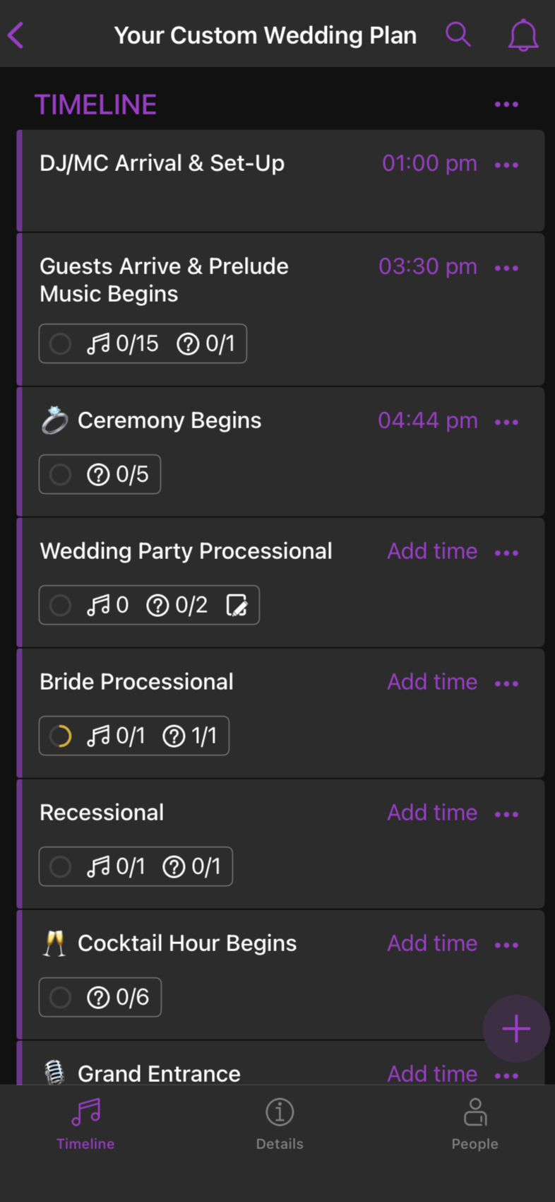 Wedding planning app interface displaying a timeline with events such as DJ arrival, guest arrival, ceremony, weddings procession, bride procession, recessional, cocktail hour, and grand entrance.