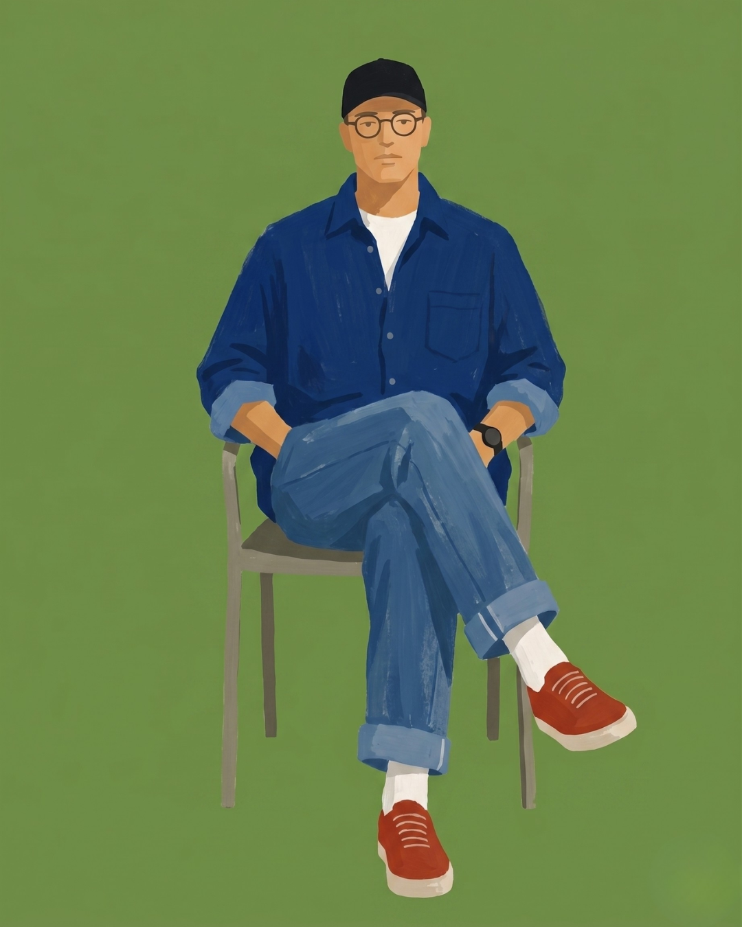 A person sitting on a chair, wearing a black beanie, glasses, a blue denim shirt, jeans, red sneakers, and white socks, against a green background.