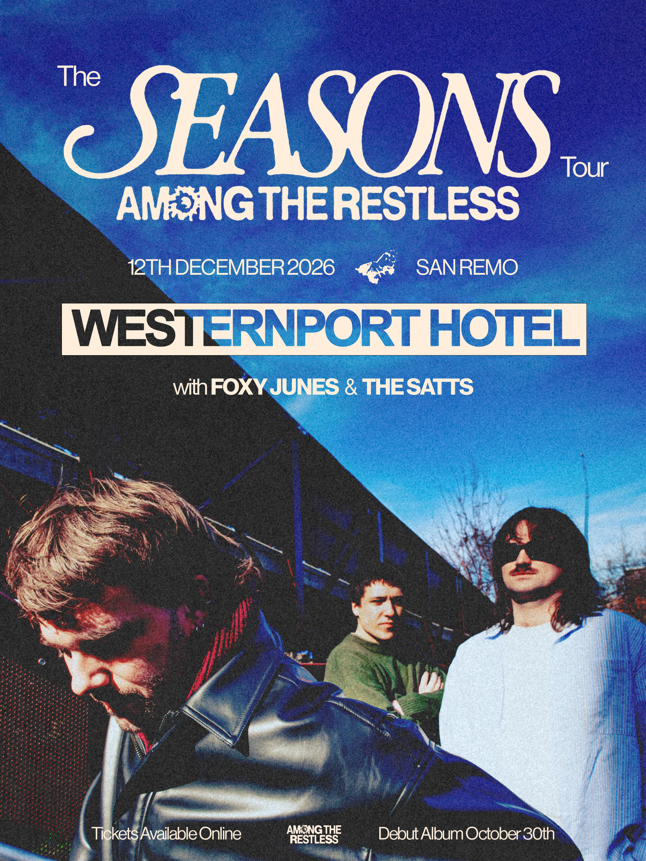 A promotional poster for The Seasons Tour by Among The Restless, scheduled for December 12, 2026, at the WestinPort Hotel in San Remo. The poster features a blue and black background with images of band members.