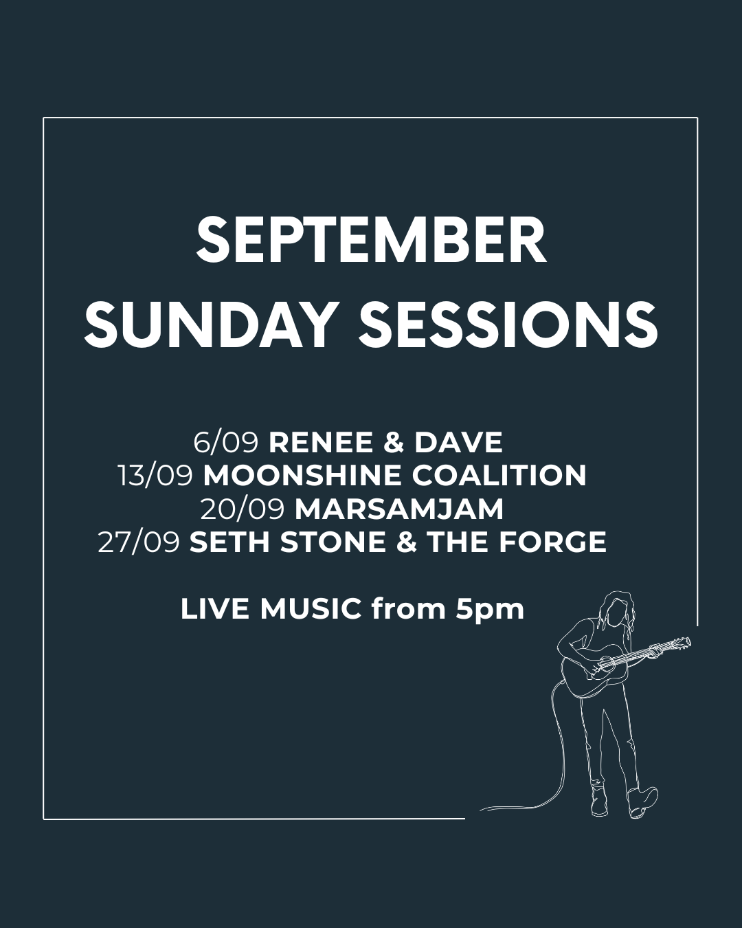 Poster advertising September Sunday sessions with scheduled performers and live music from 5 pm, featuring an illustration of a musician playing guitar.